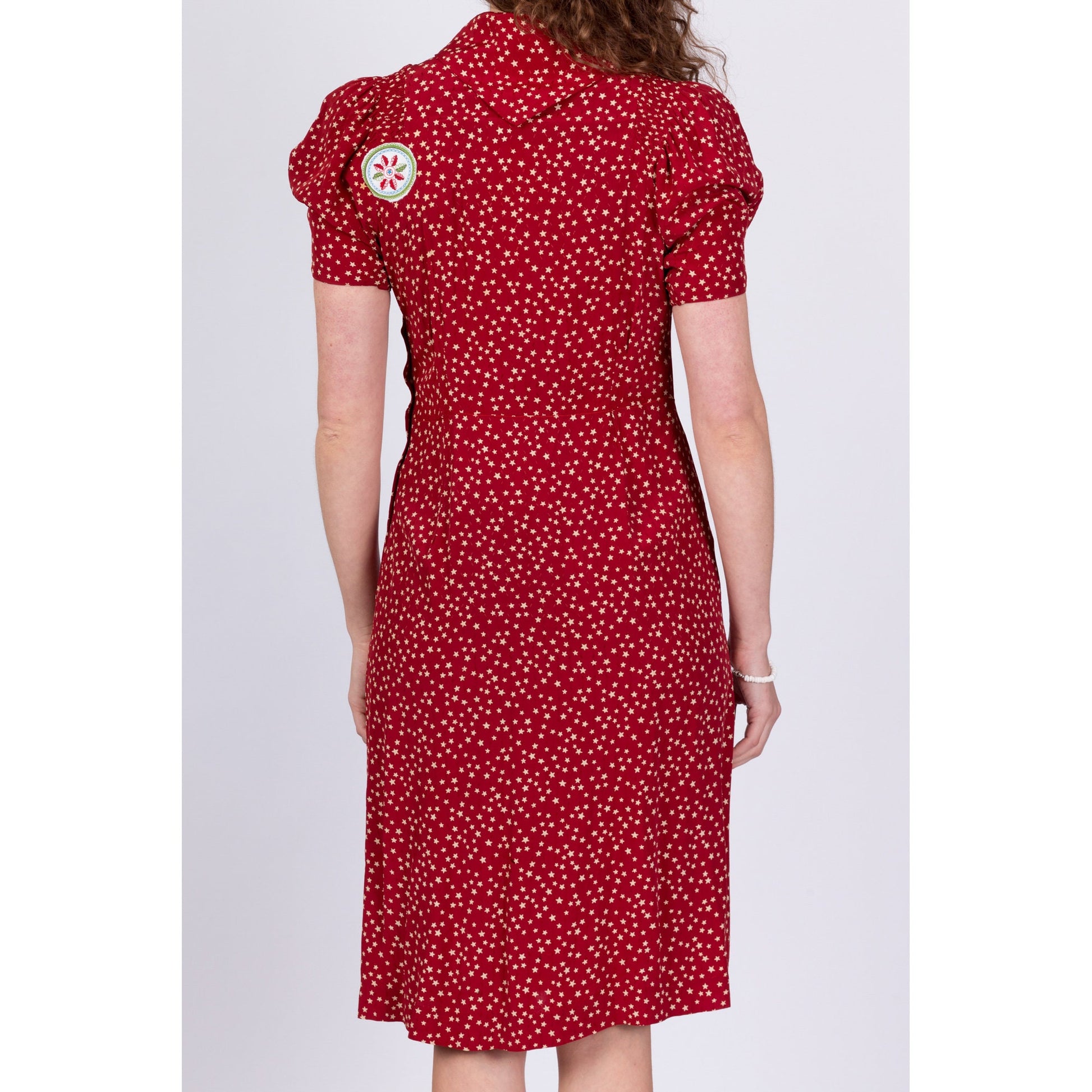 1940s Red Star Print Patched Day Dress, As Is - Small 