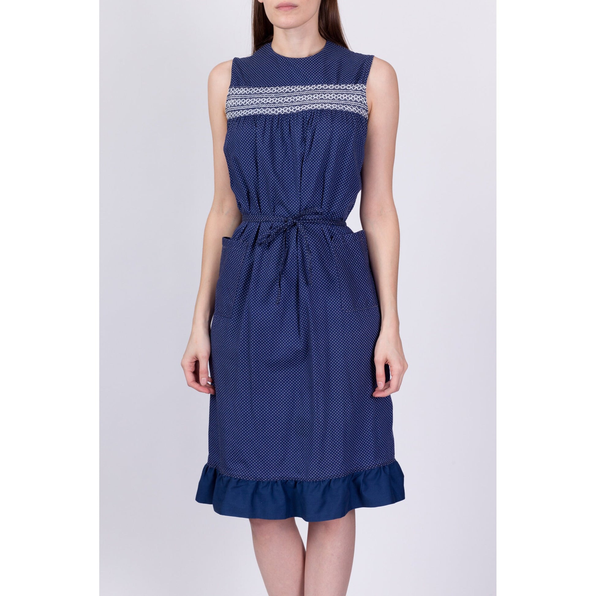 60s Navy Blue Swiss Dot Dress - Medium 