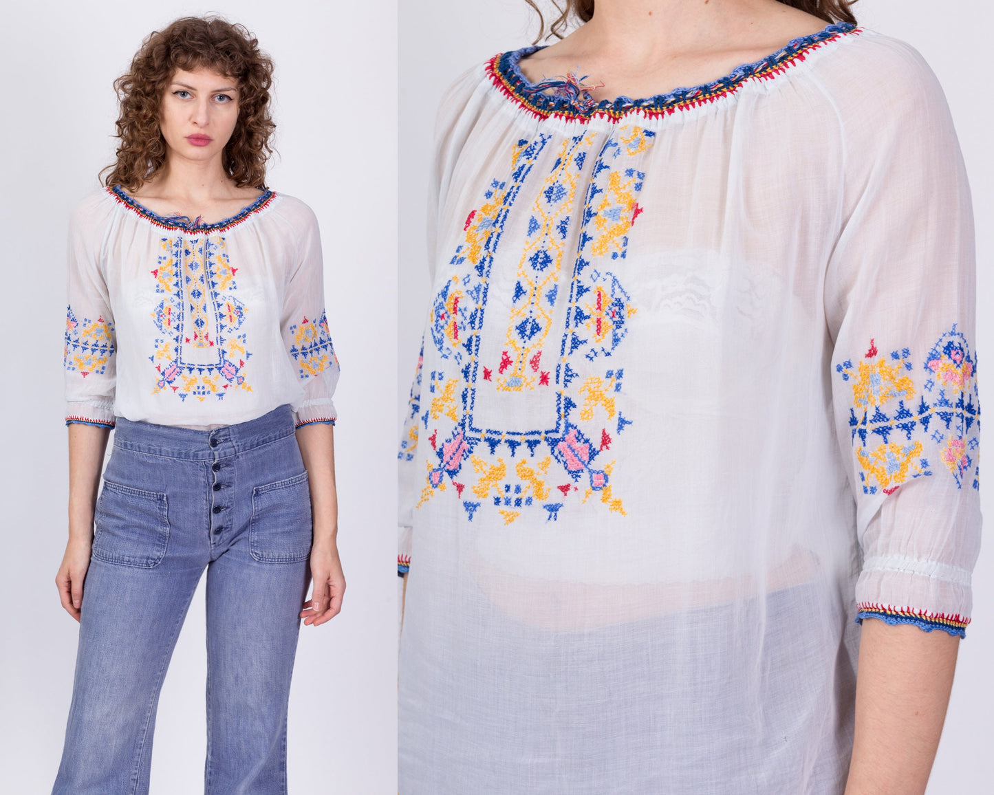 Vintage 30s Embroidered Romanian Peasant Blouse - Small to Medium 