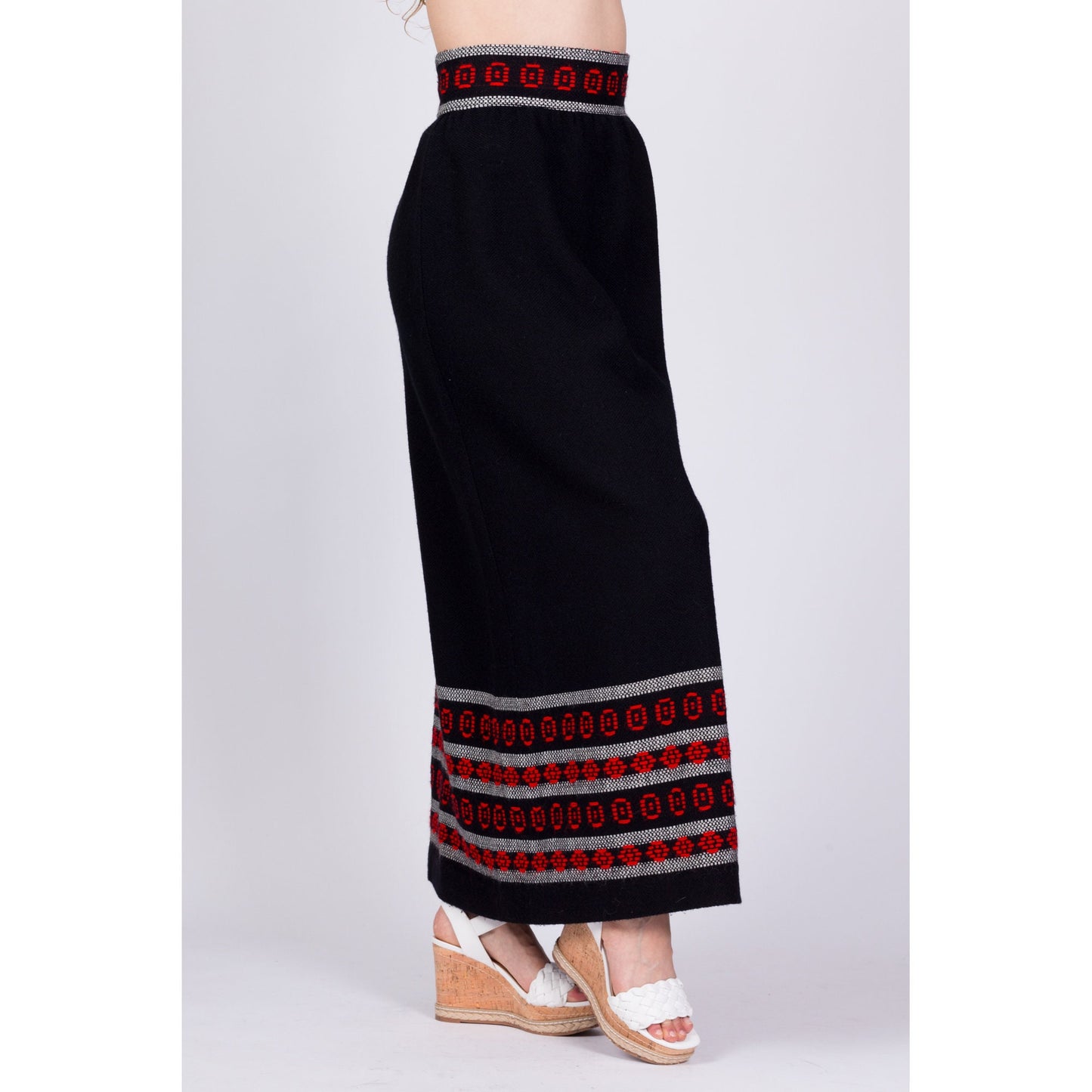 60s 70s Black Striped Folk Maxi Skirt - Small, 27" 