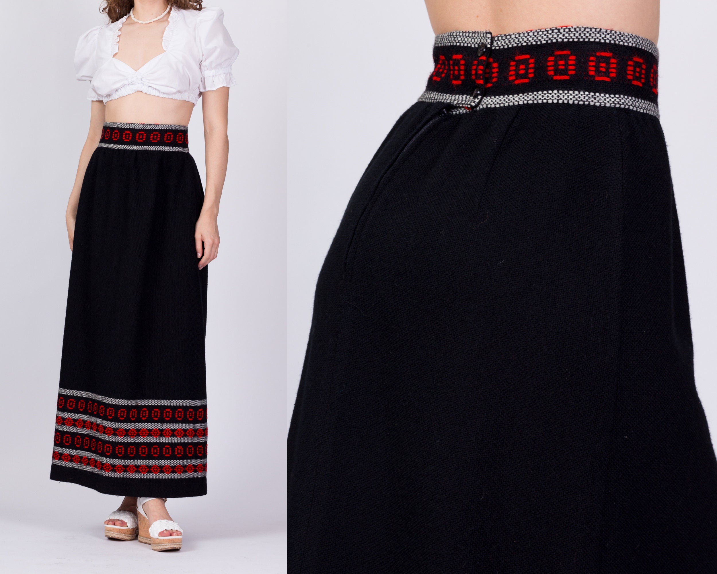 60s 70s Black Striped Folk Maxi Skirt Small 27 Flying Apple Vintage
