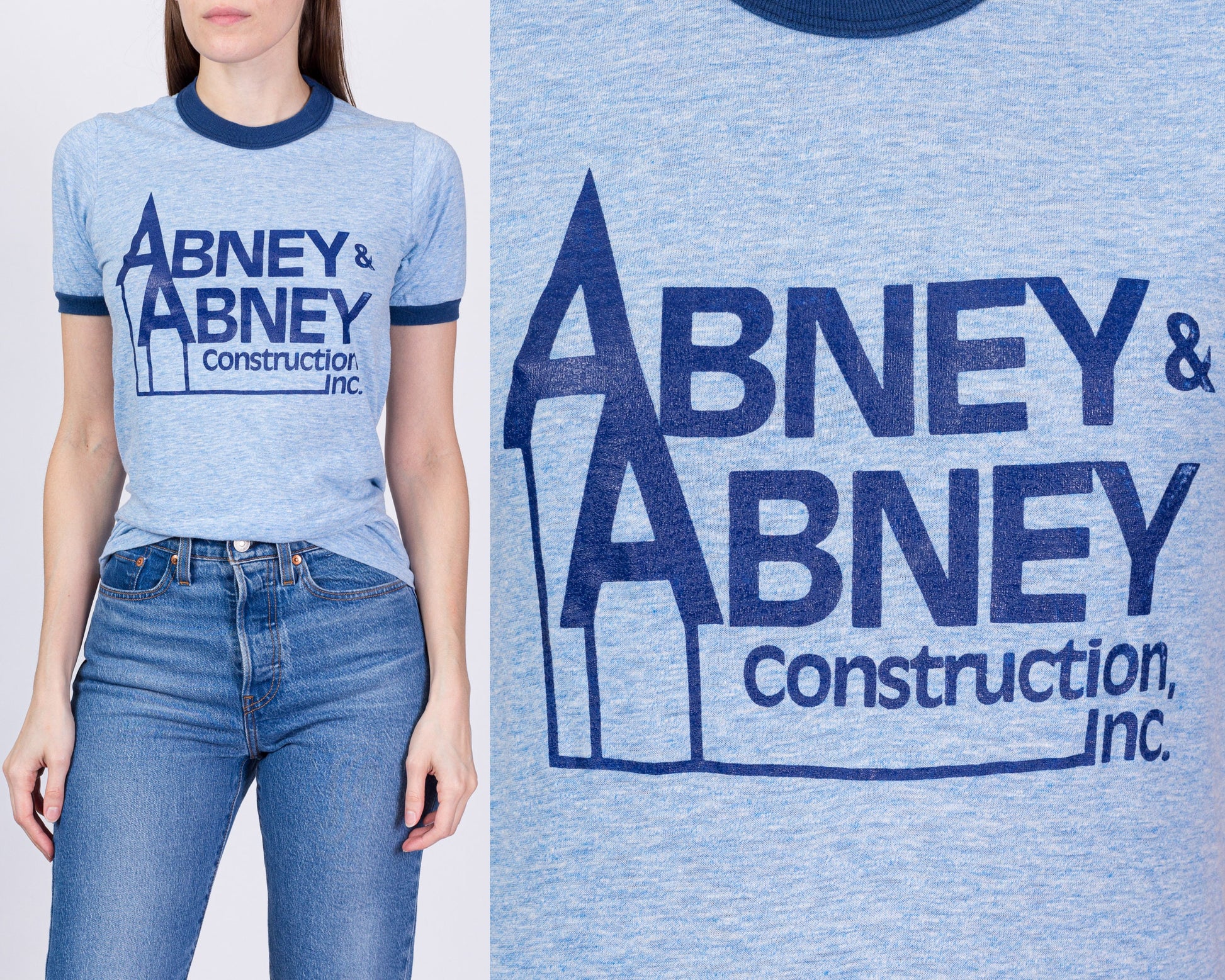 80s Abney & Abney Construction Ringer Tee - Men's XS, Women's XS to Small 