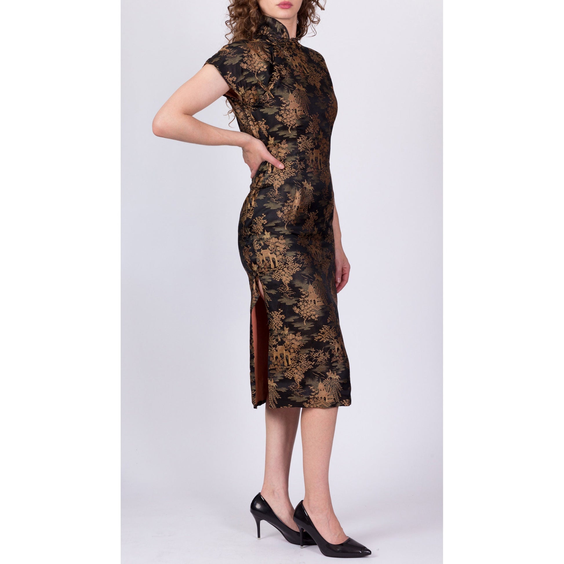 60s Black & Gold Silk Qipao Dress - Small 