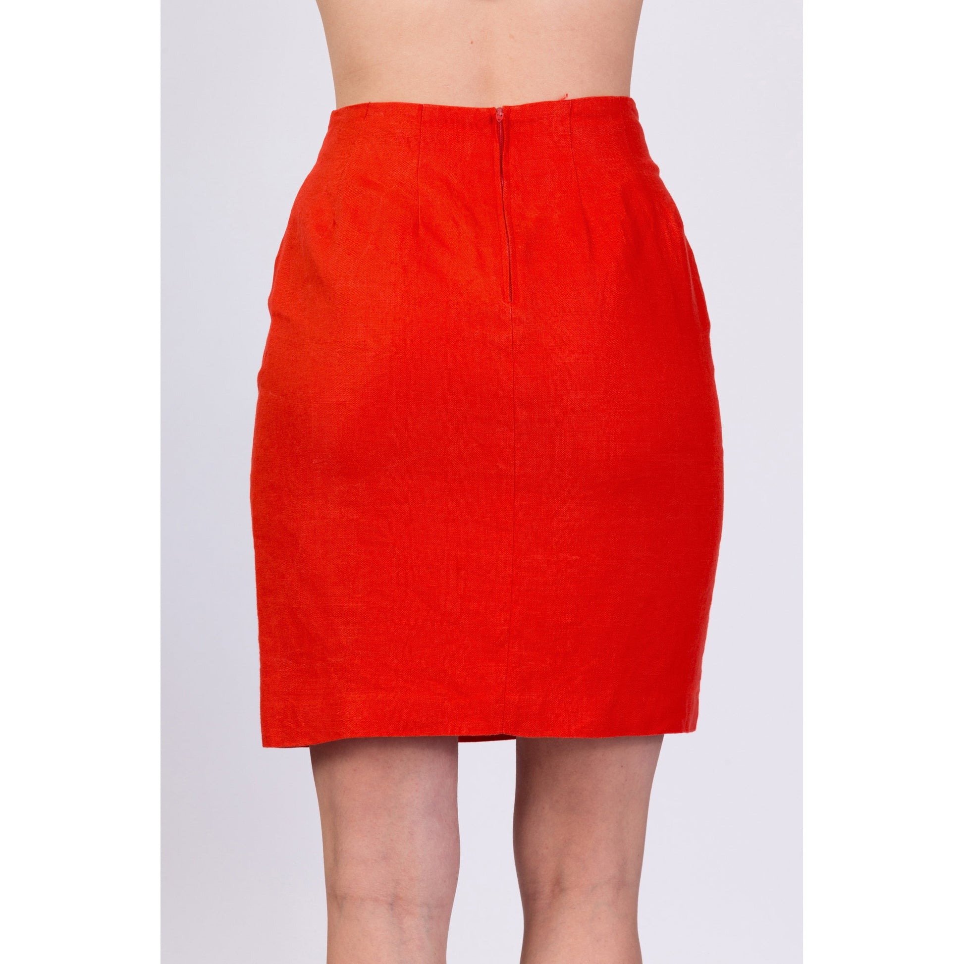 70s Red-Orange Mini Pencil Skirt - Small, 27" 