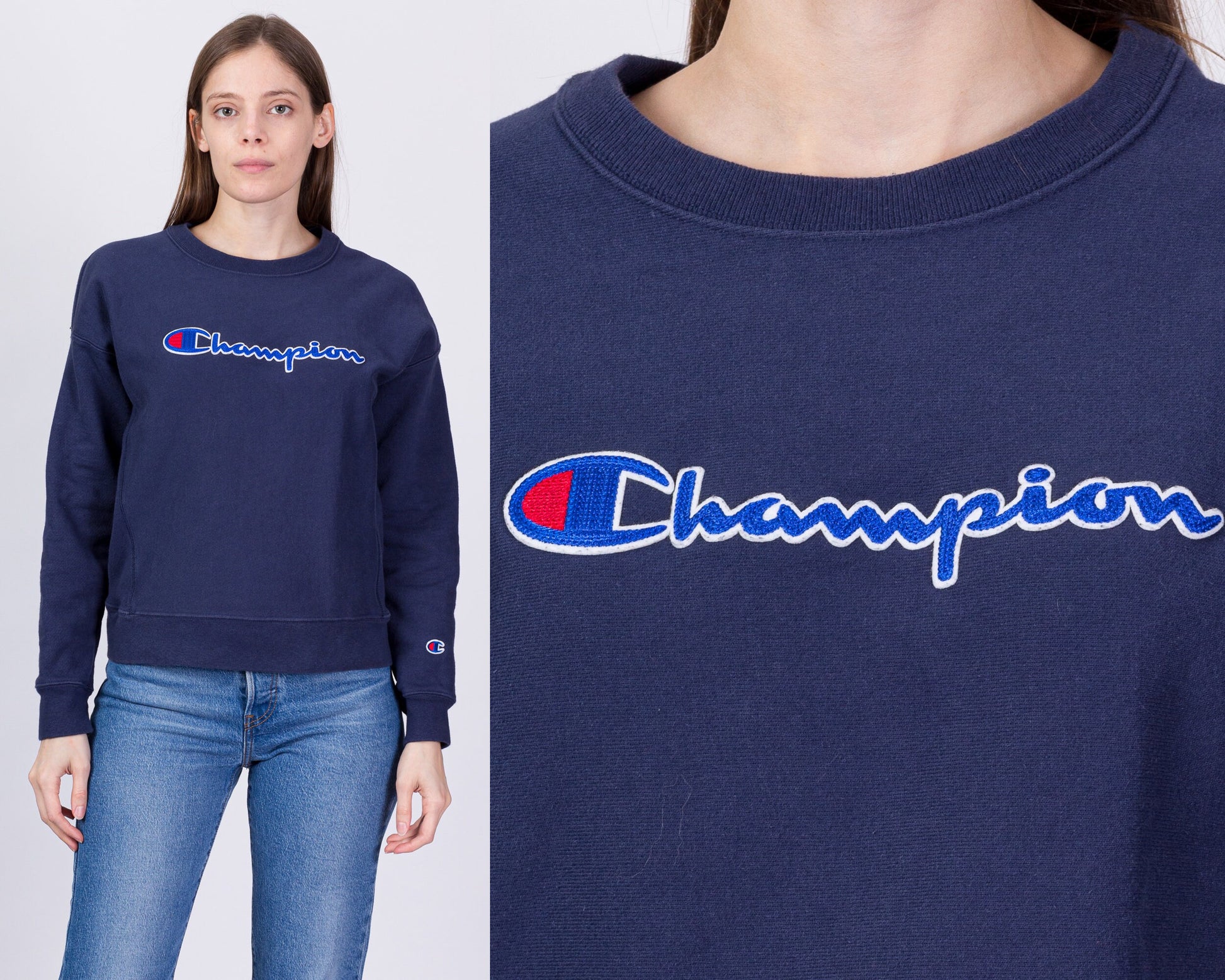 Champion Reverse Weave Navy Blue Cropped Sweatshirt - Large 