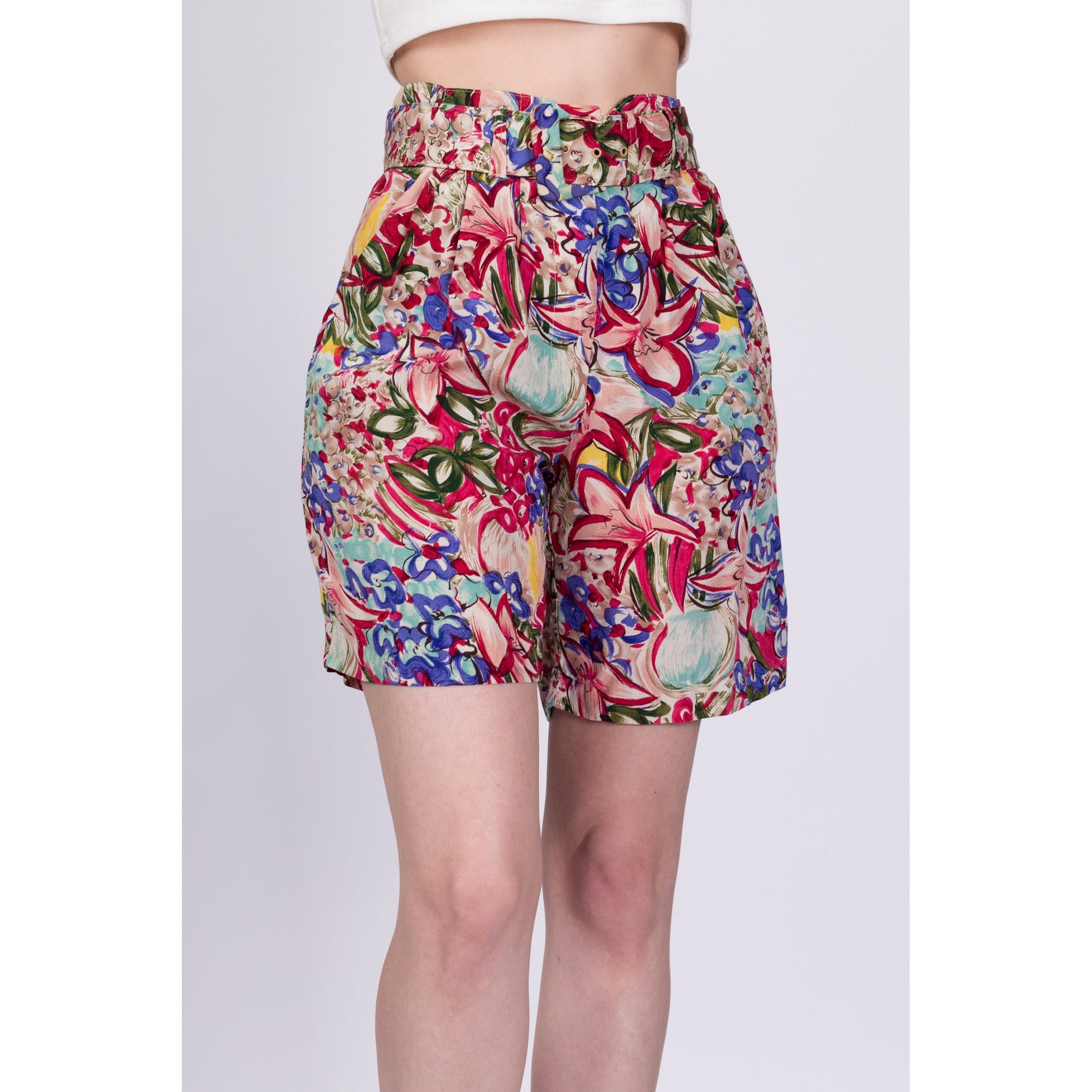 80s Floral Belted Shorts - Small, 26" 
