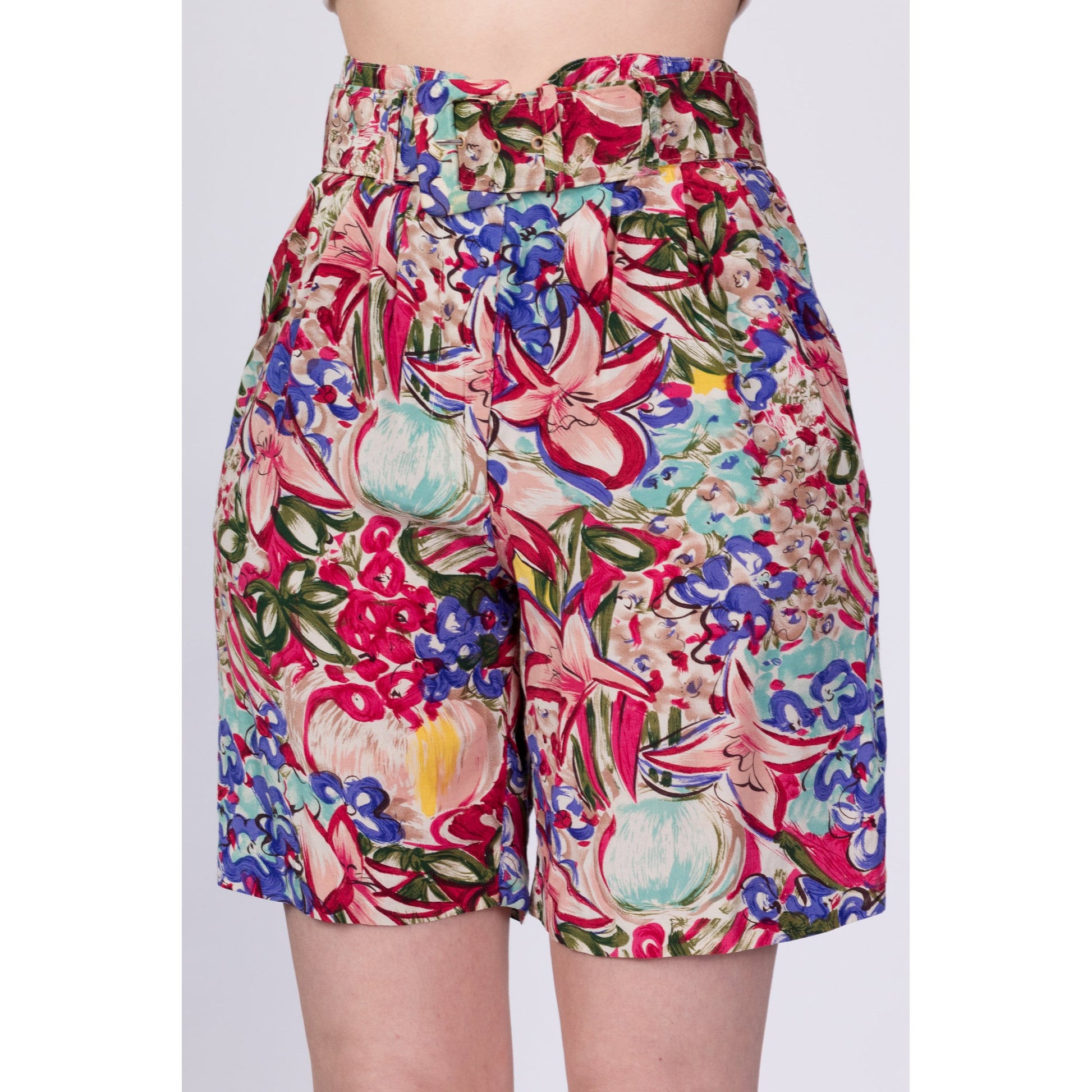 80s Floral Belted Shorts - Small, 26" 