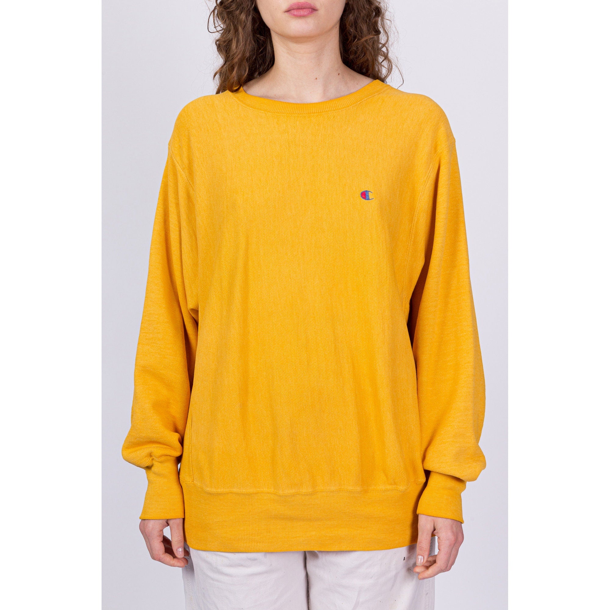 80s 90s Champion Reverse Weave Yellow Sweatshirt - Men's Medium