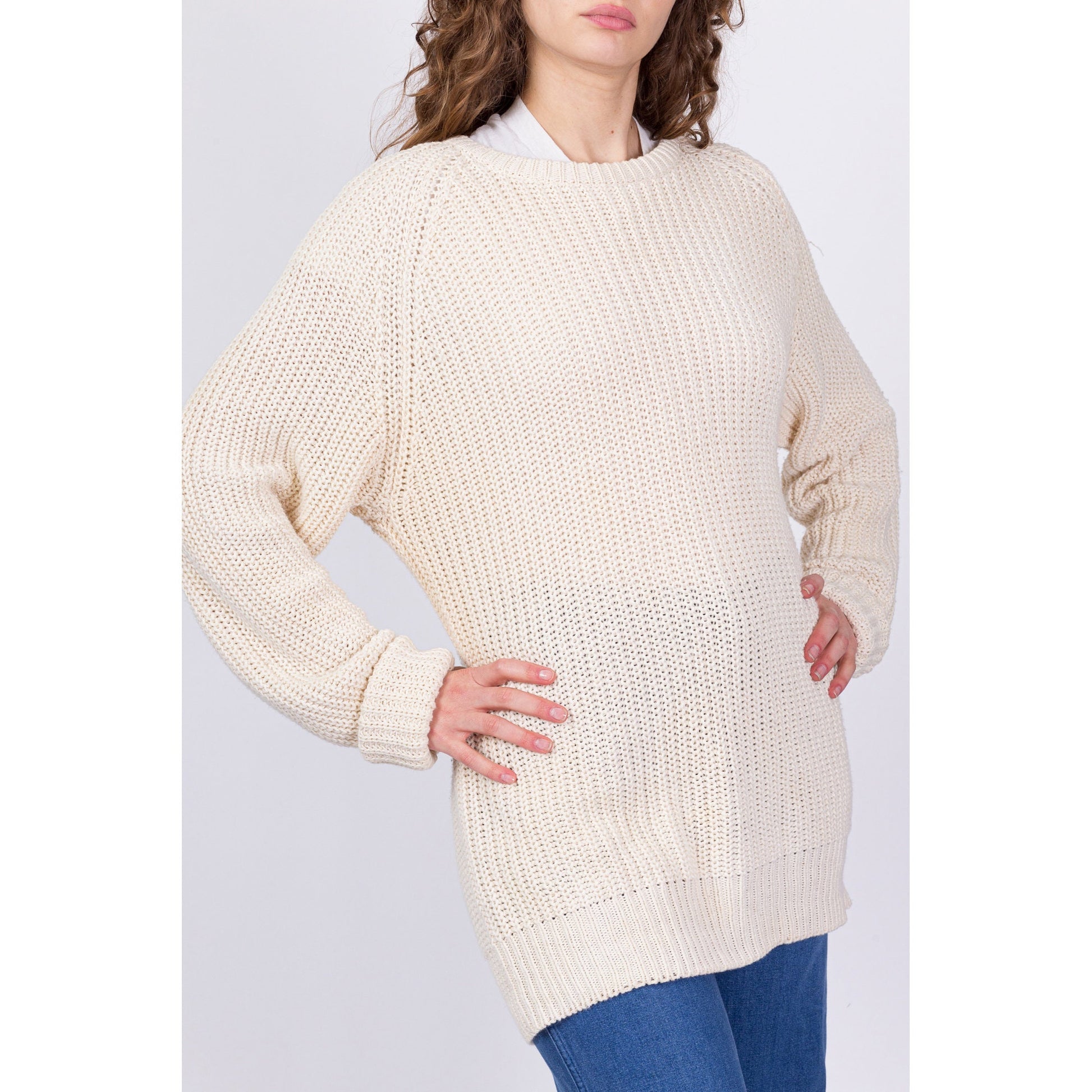 90s Cream Cotton Cable Knit Fisherman Sweater - Men's Large, Women's XL 