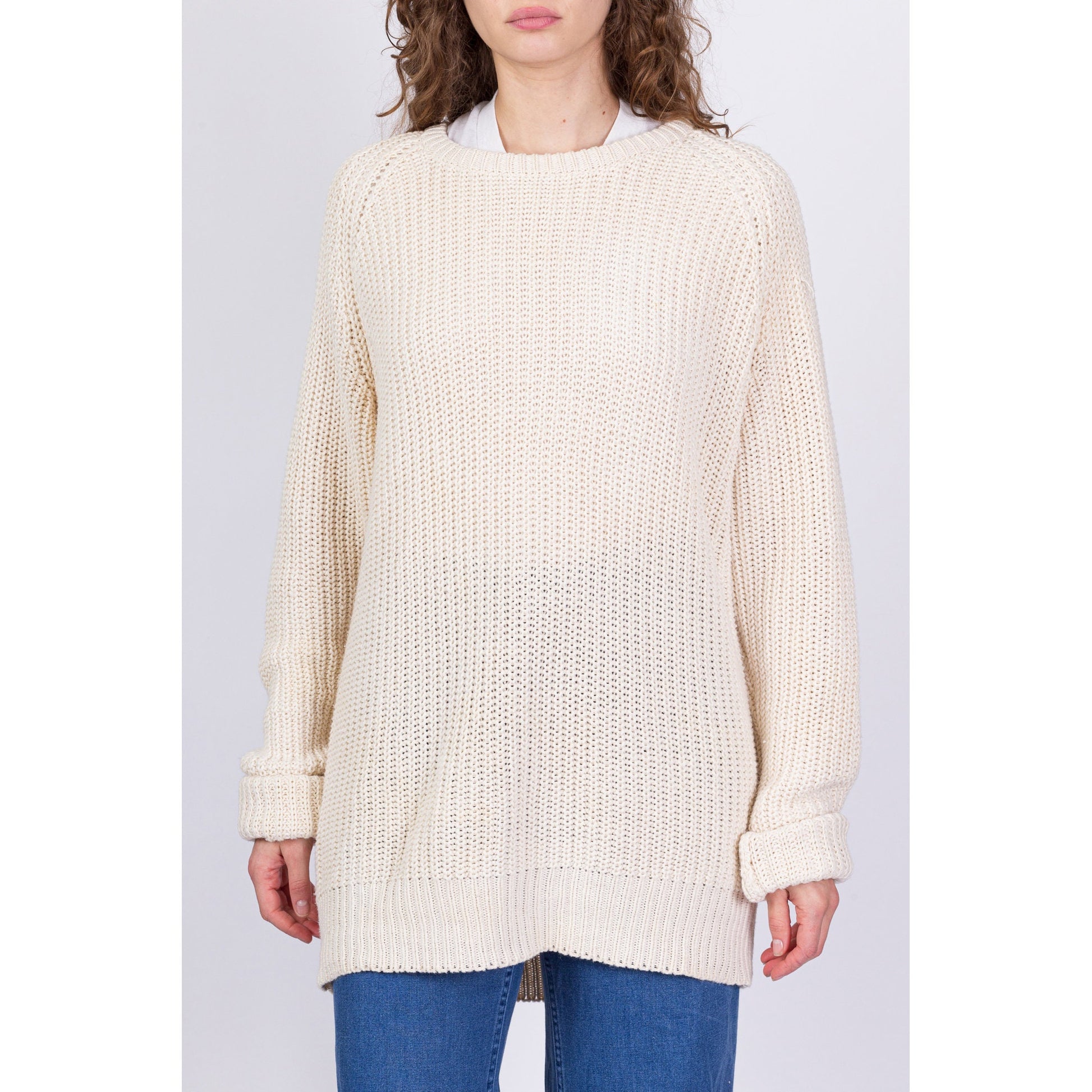 90s Cream Cotton Cable Knit Fisherman Sweater - Men's Large, Women's XL 