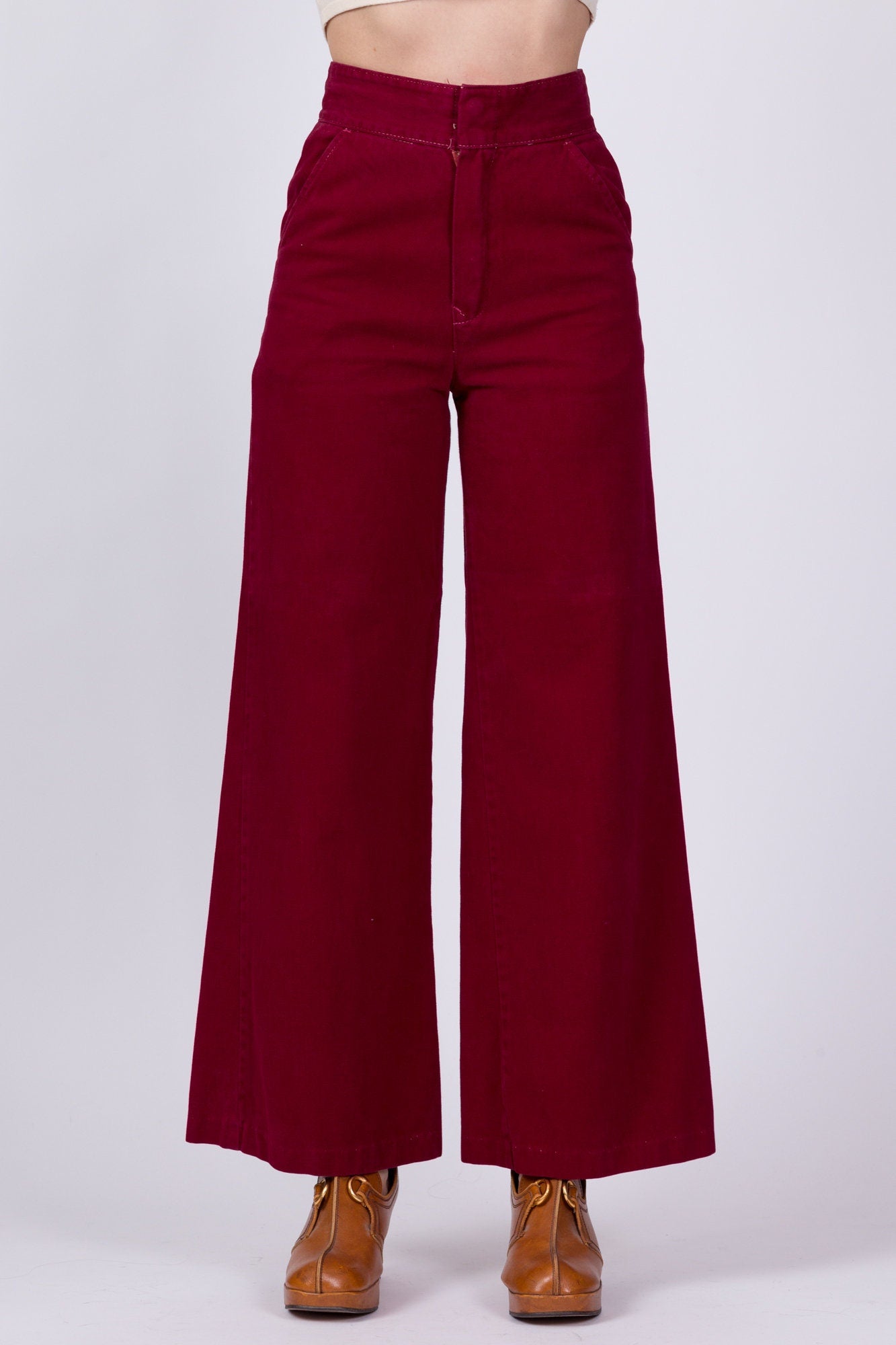 70s Wine Red High Waist Flared Cotton Twill Pants - Extra Small, 23" 