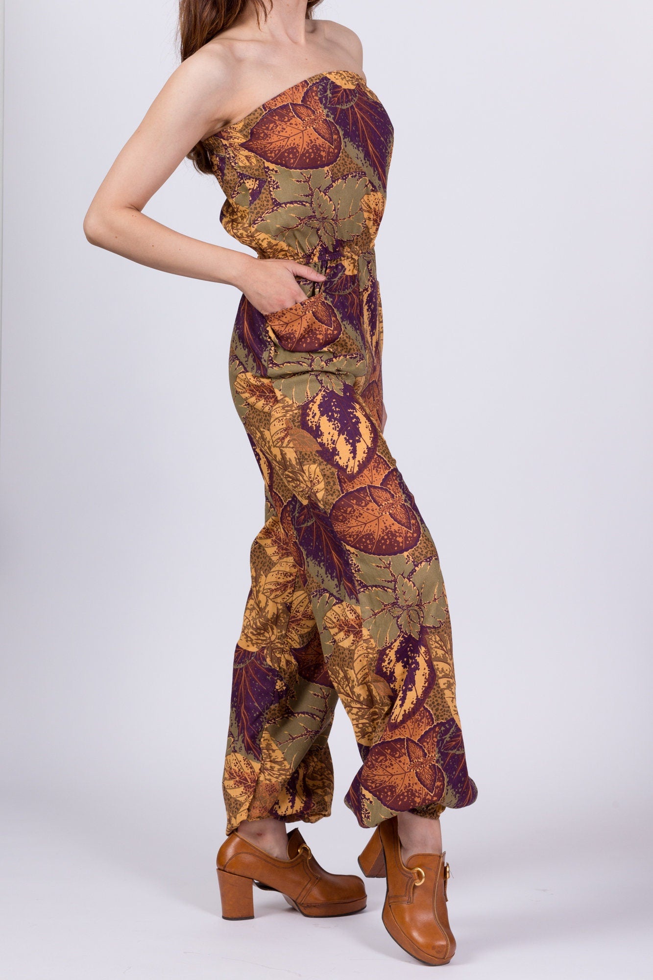 Vintage Boho Autumn Floral Strapless Jumpsuit - Extra Small 