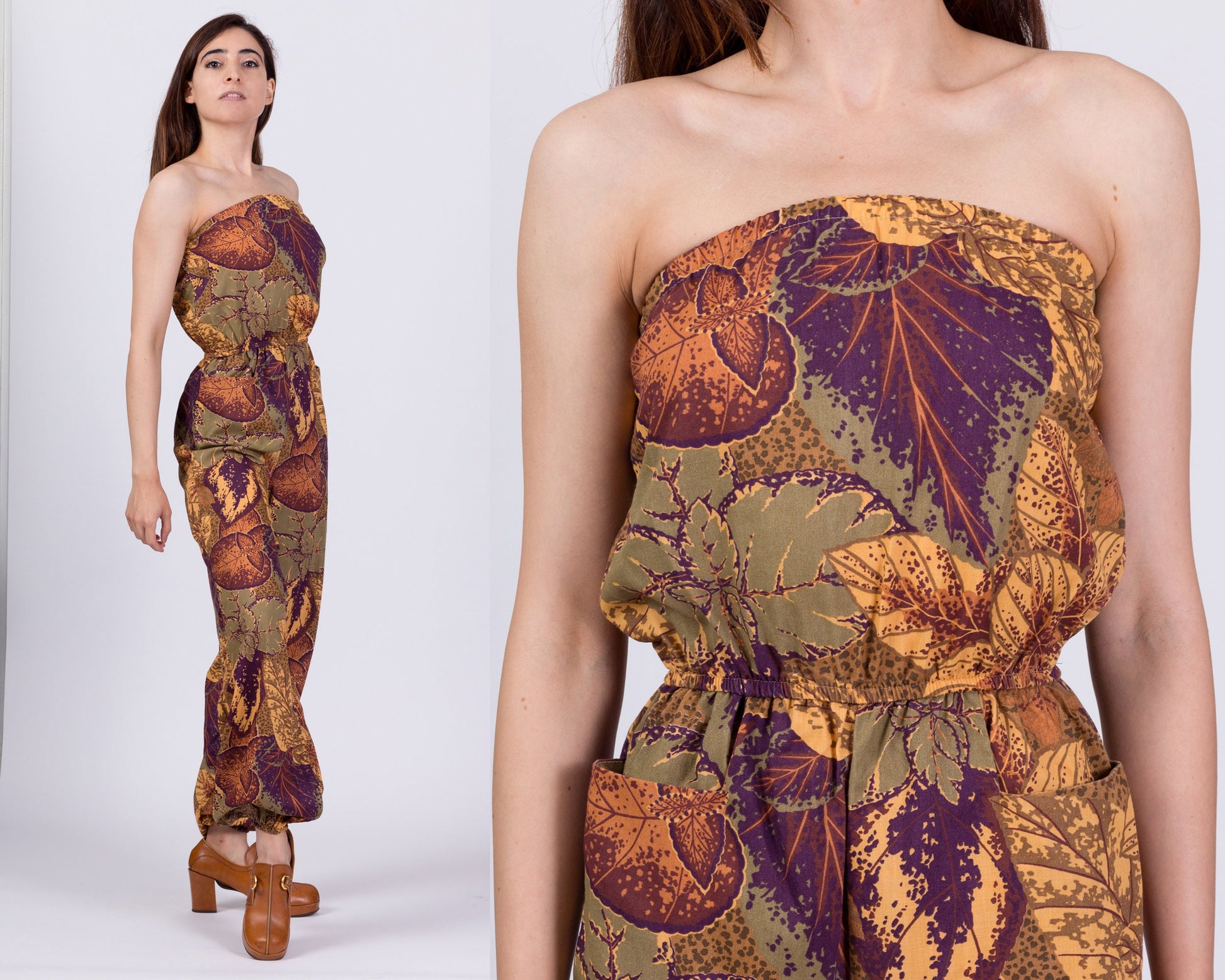 Vintage Boho Autumn Floral Strapless Jumpsuit - Extra Small 