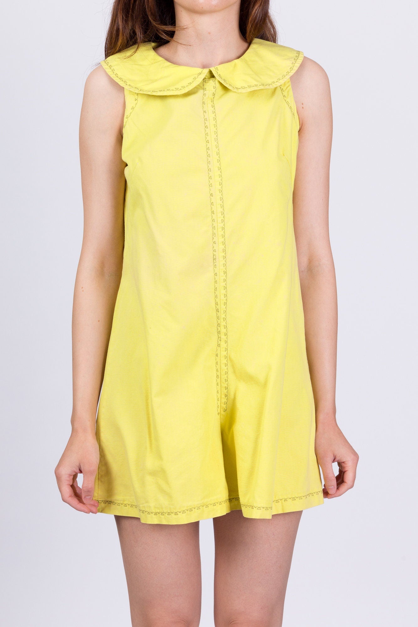 60s Chartreuse Embroidered Bib Collar Romper - Small 