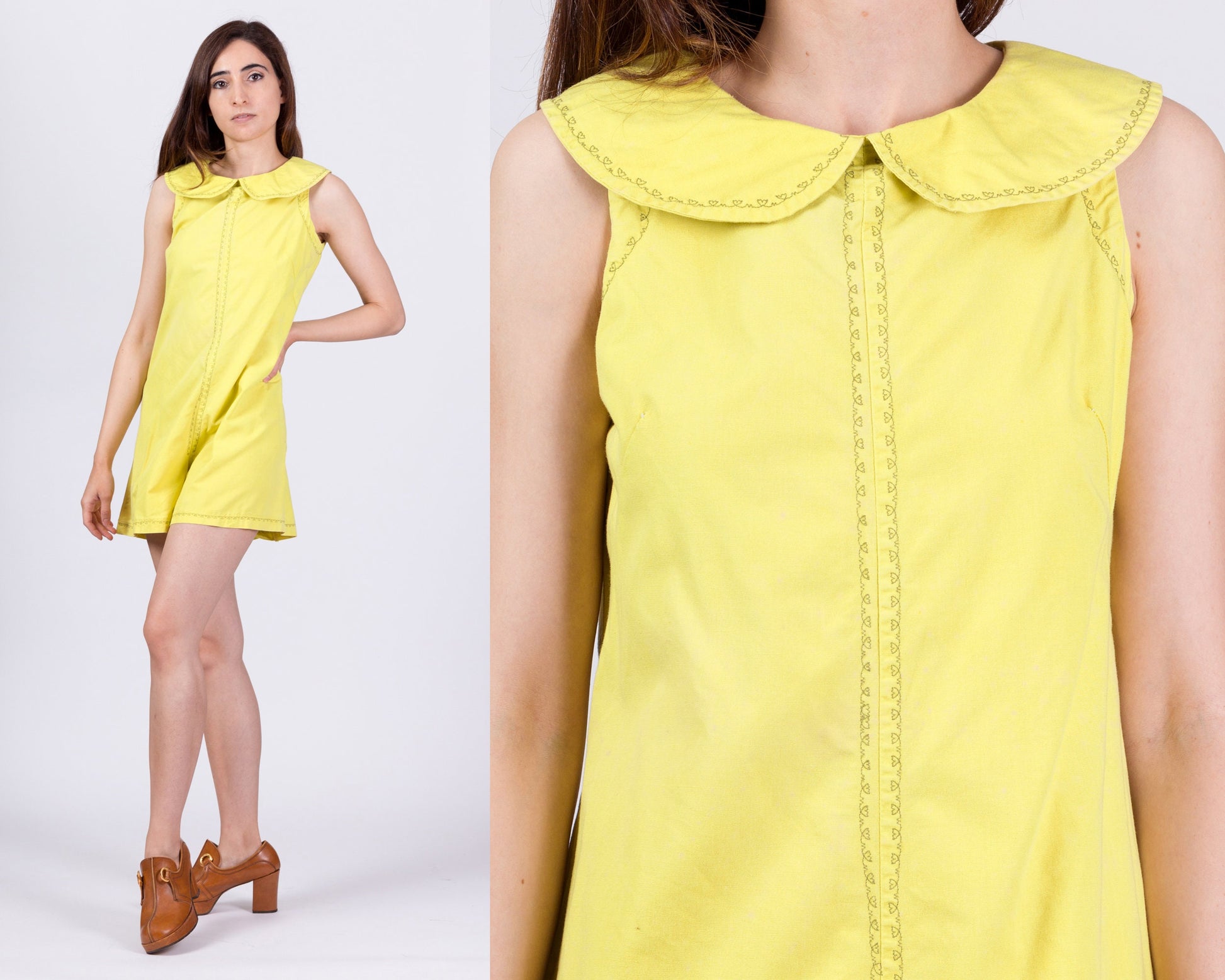 60s Chartreuse Embroidered Bib Collar Romper - Small 