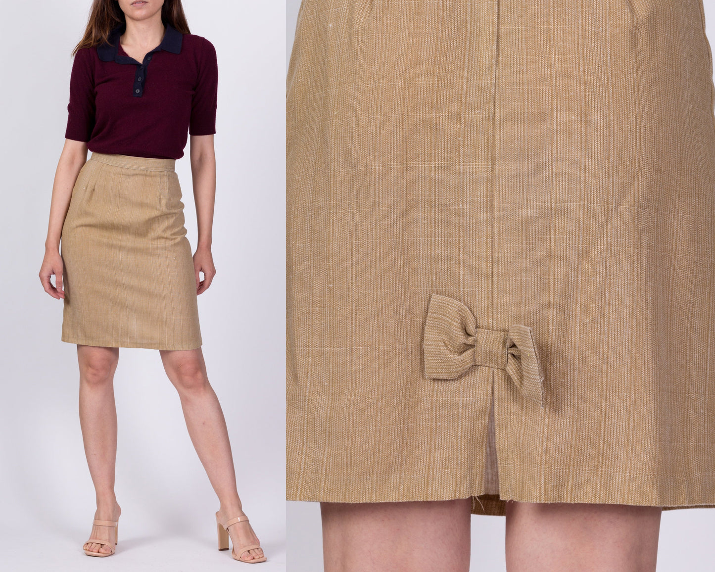 80s Tan Bow Pencil Skirt - Extra Small, 23.5" 