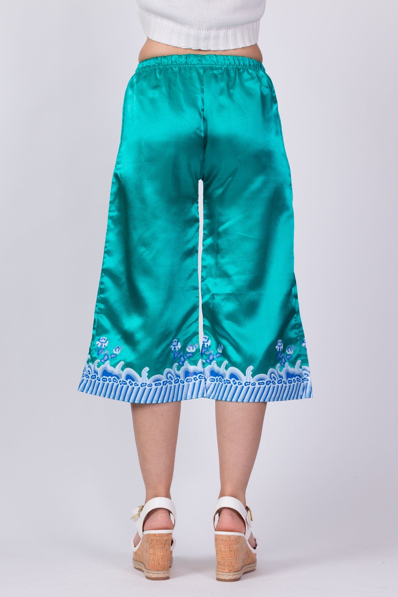 Vintage Teal Satin Wave Print Lounge Pants - Youth Small 