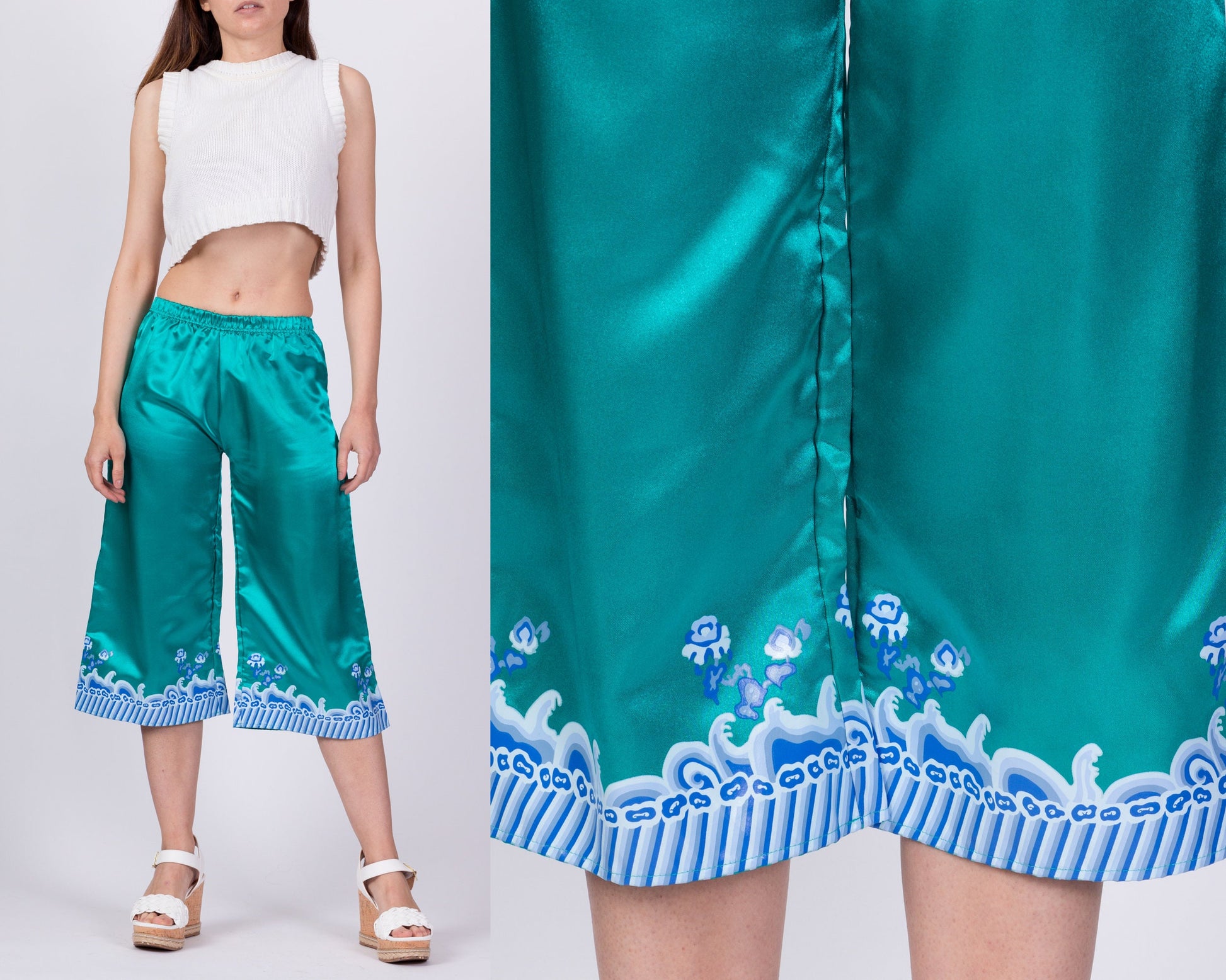 Vintage Teal Satin Wave Print Lounge Pants - Youth Small 