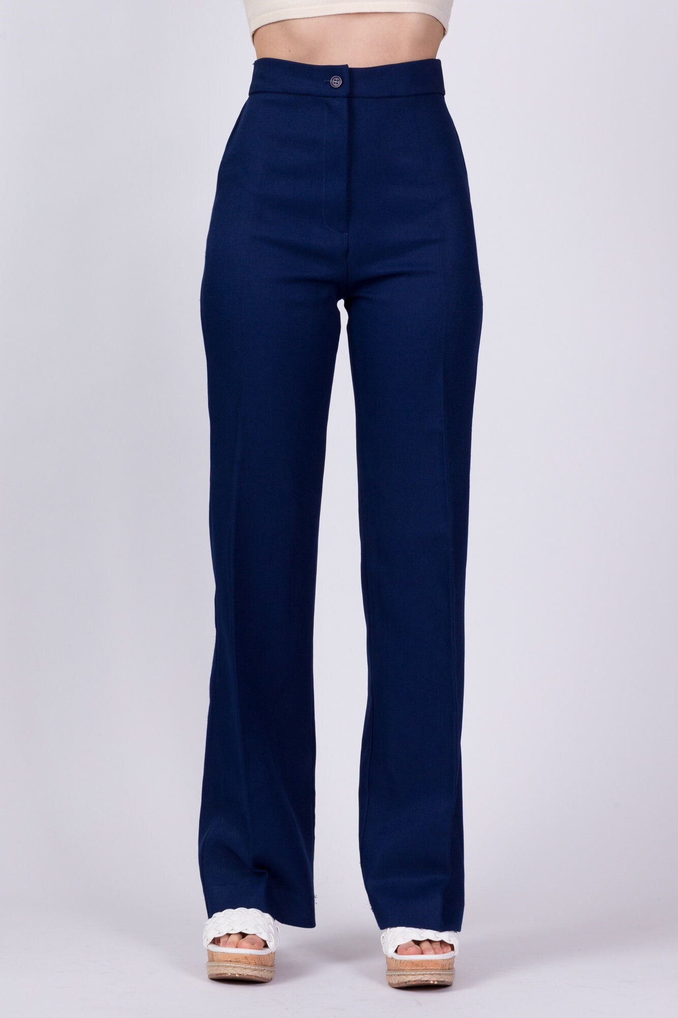 70s Navy Blue High Waist Pants - Extra Small, 23"-24" 