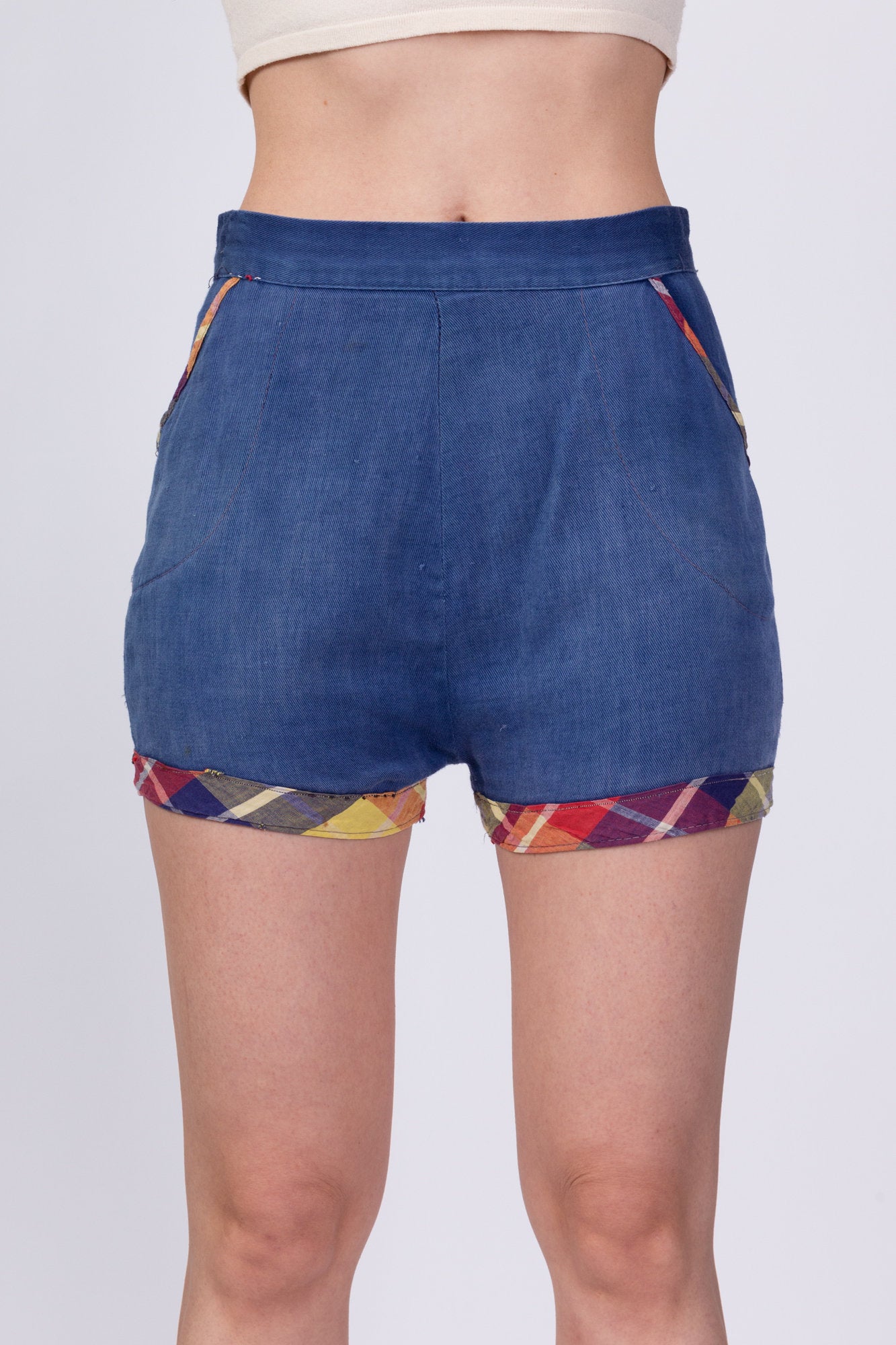 50s 60s Plaid Trim Jean Pinup Shorts - Extra Small, 25" 