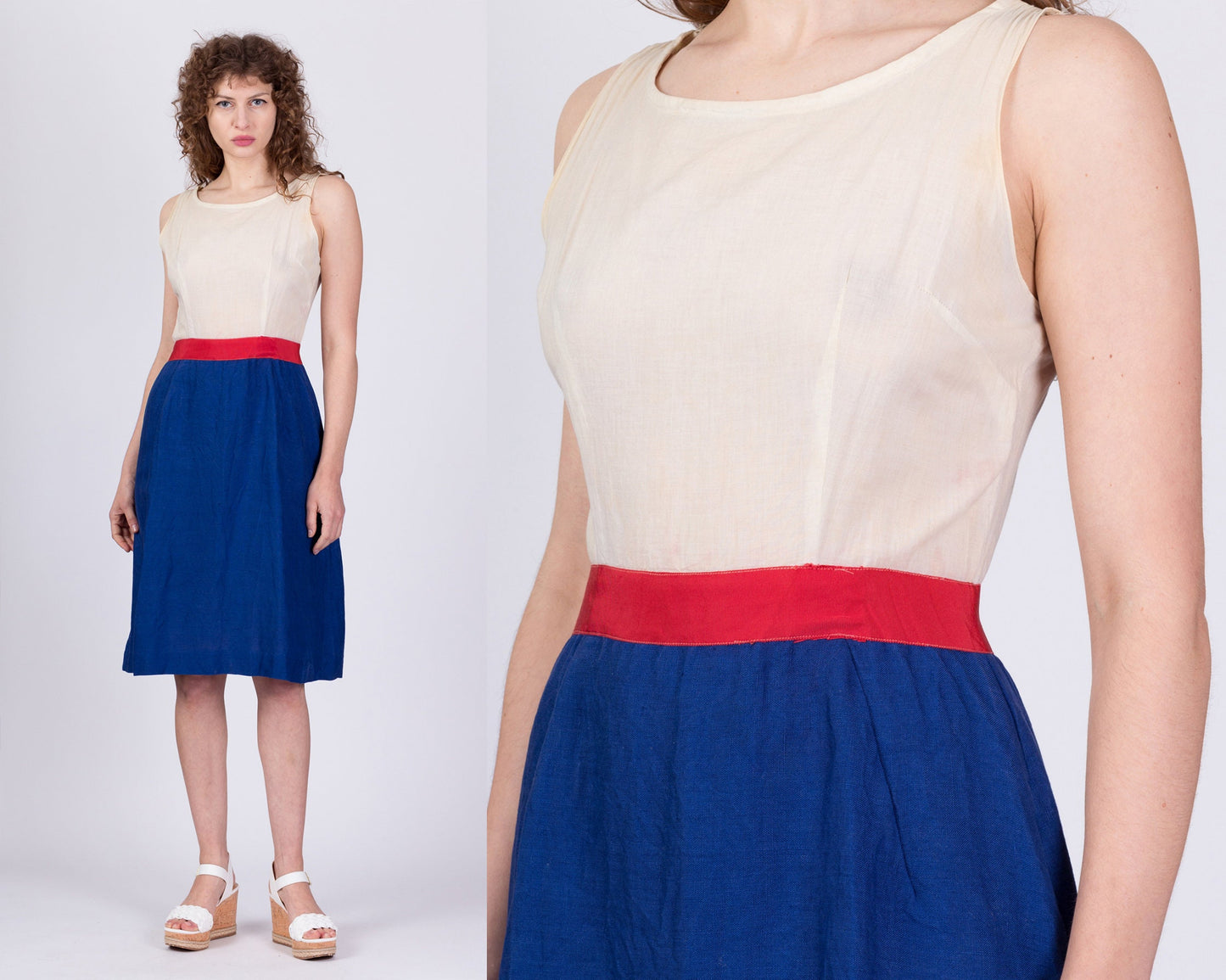 60s Sheer Bodice & Blue Skirt Midi Dress - Medium 