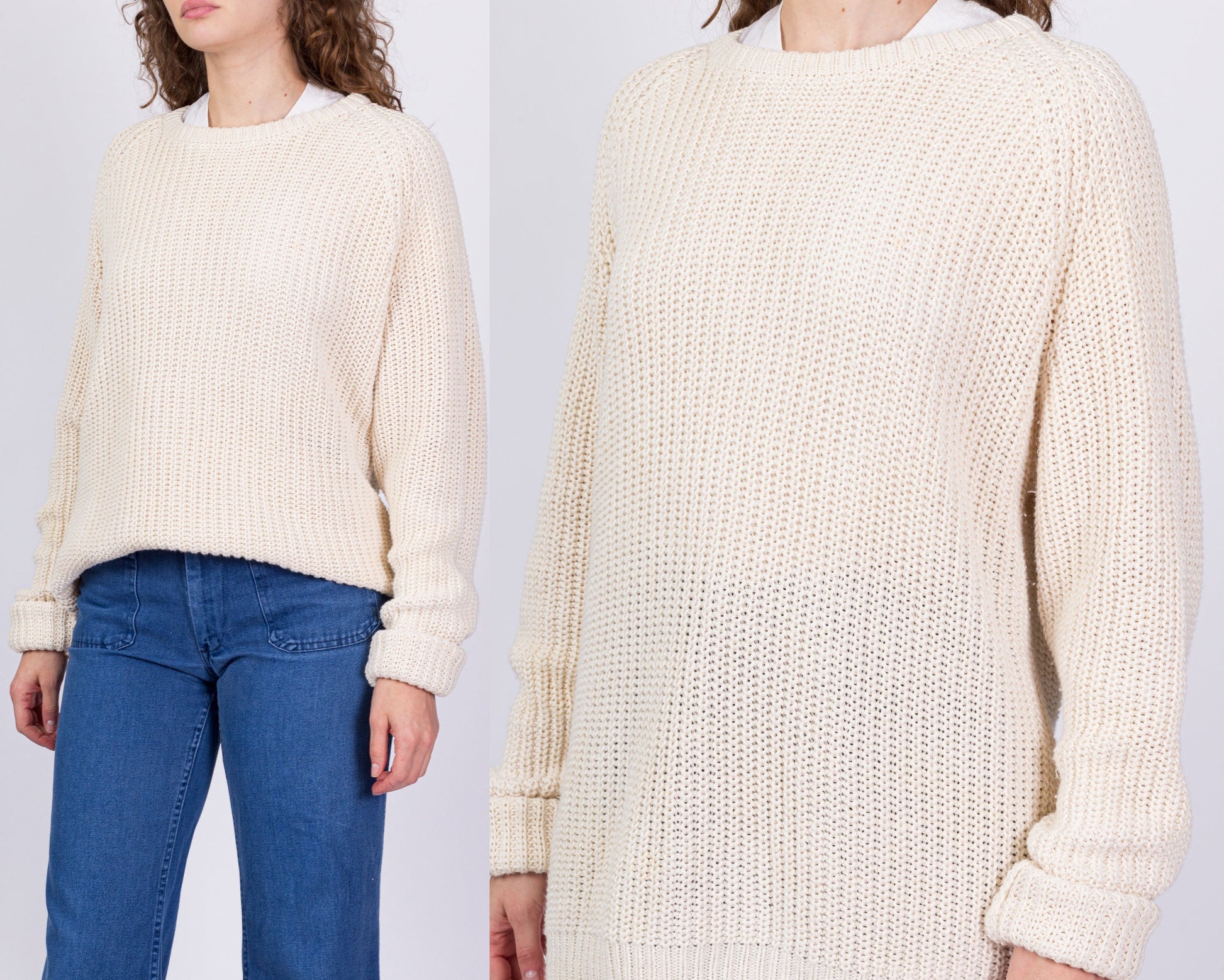 90s Cream Cotton Cable Knit Fisherman Sweater - Men's Large, Women's XL 