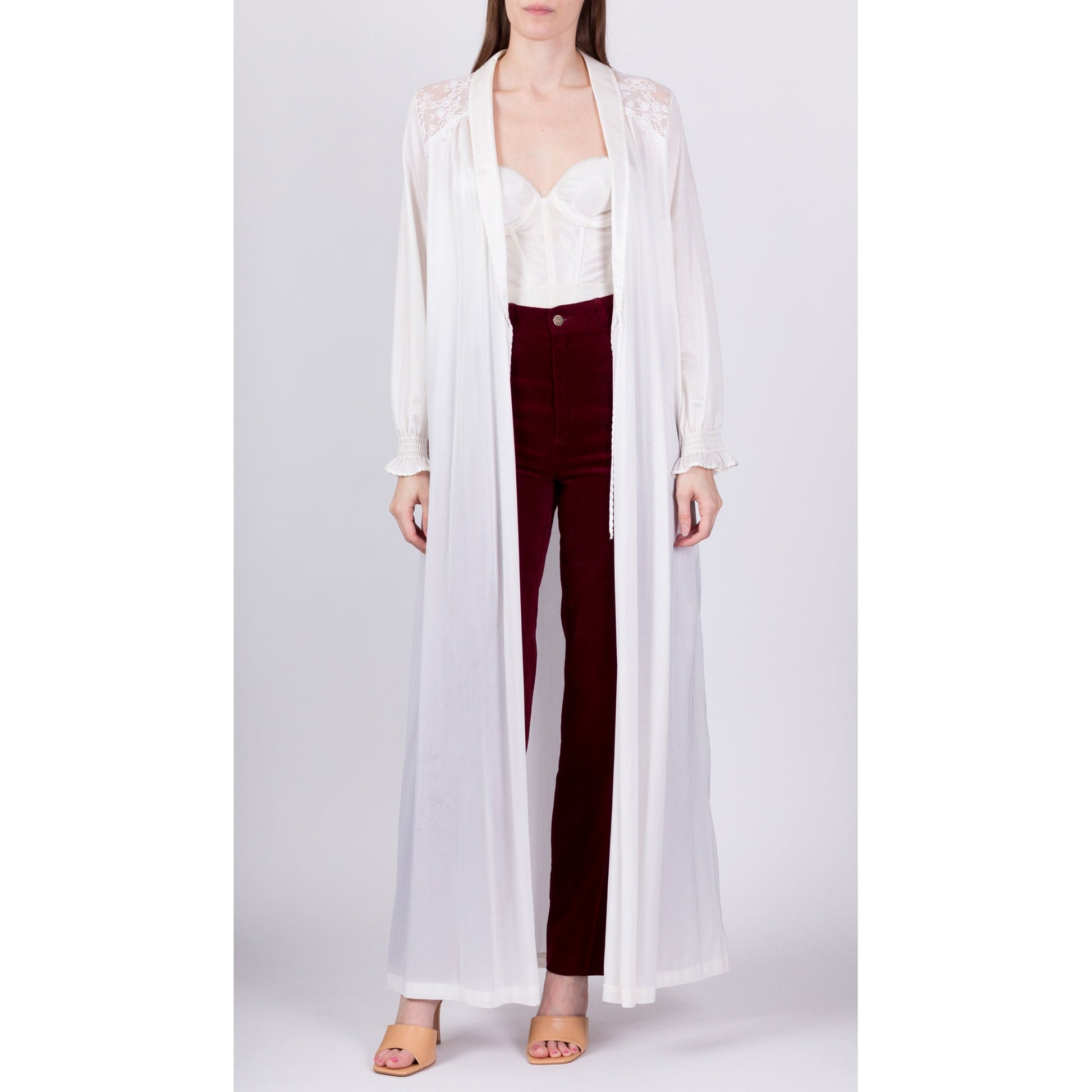 70s White Maxi Peignoir Dressing Gown - Medium 