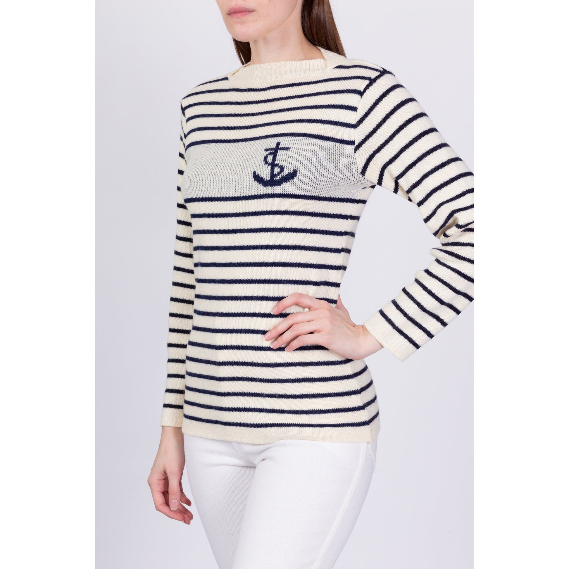 Vintage Breton Sailor Striped Boat Neck Sweater - Small 