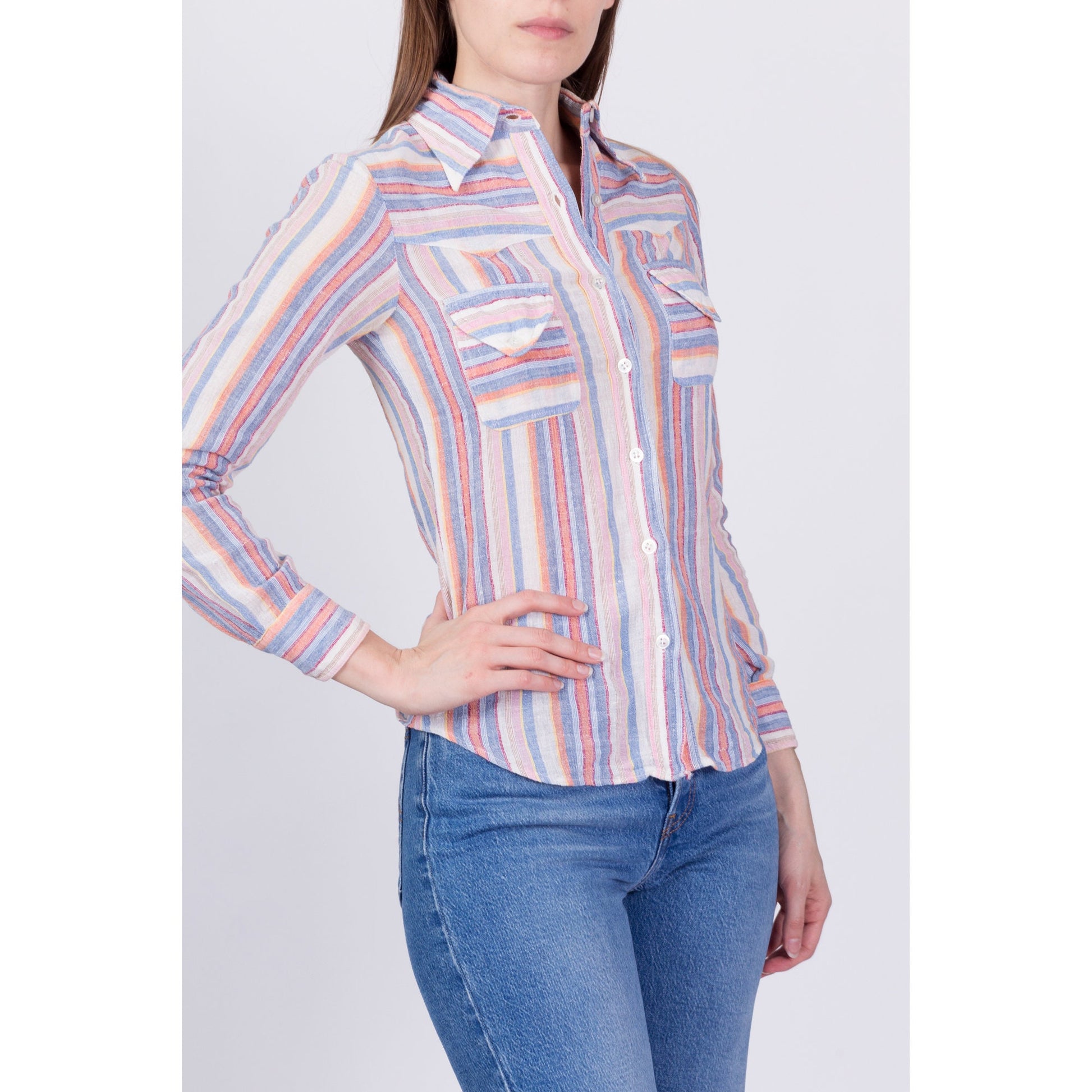 70s Striped Cotton Button Up Shirt - XXS 