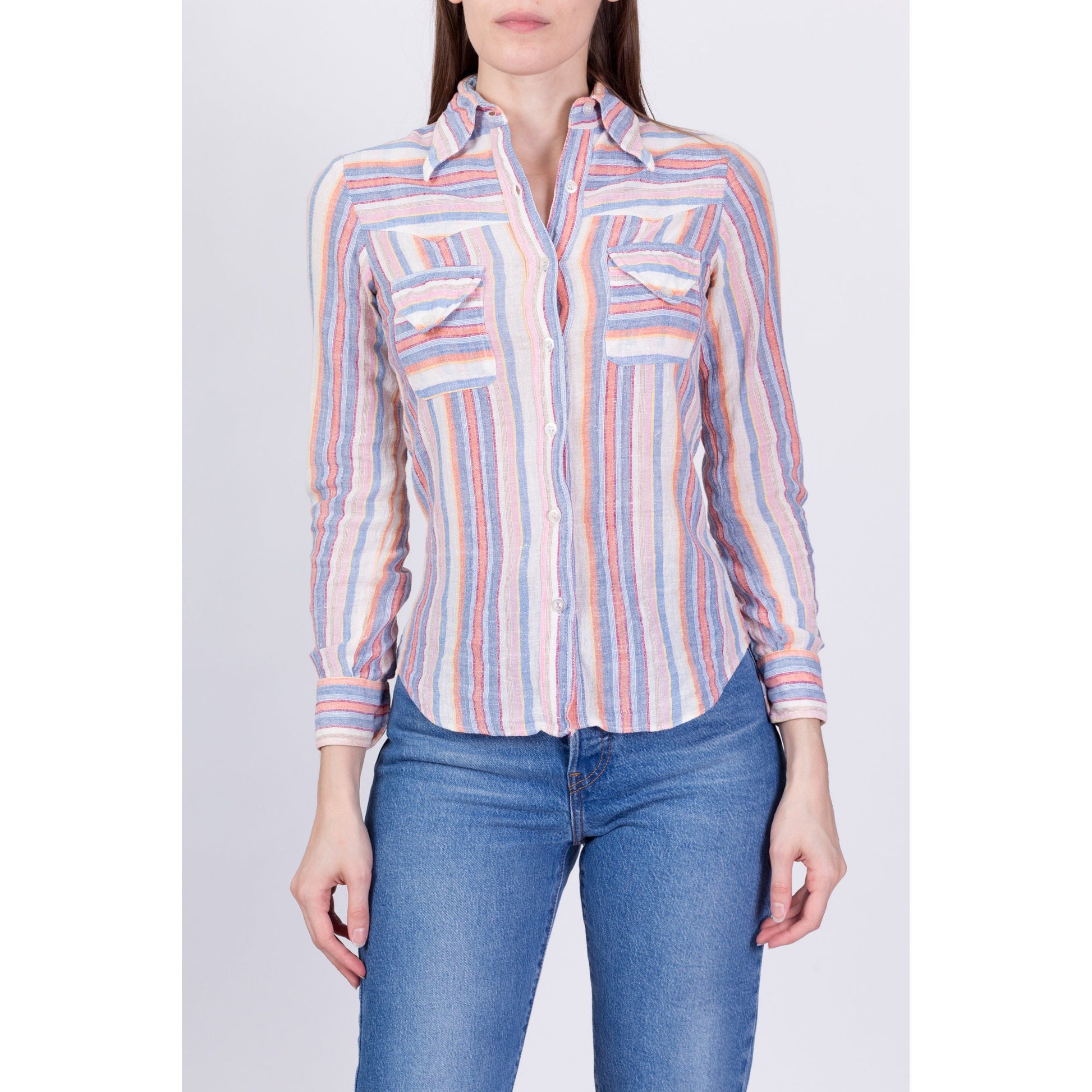 70s Striped Cotton Button Up Shirt - XXS 