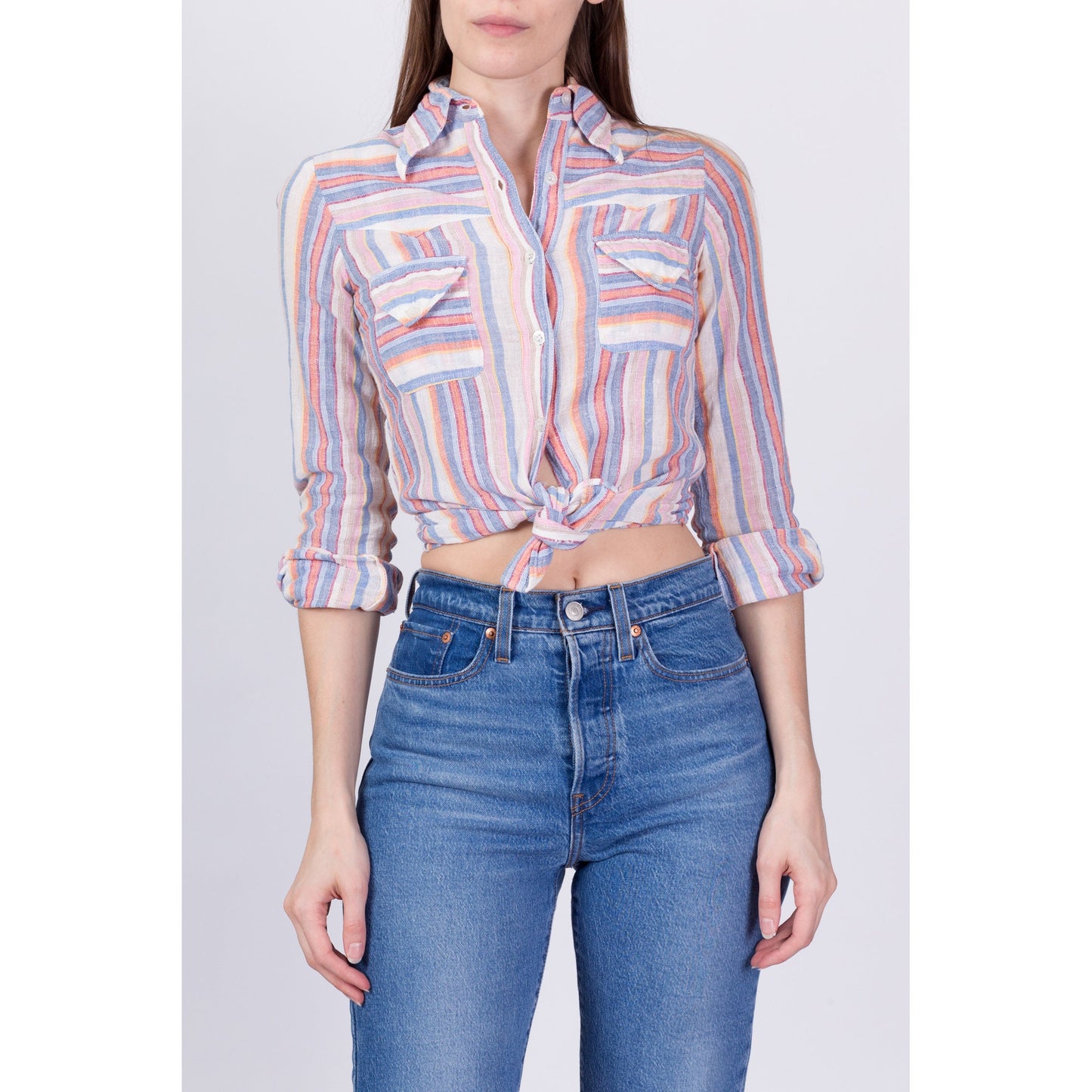 70s Striped Cotton Button Up Shirt - XXS 