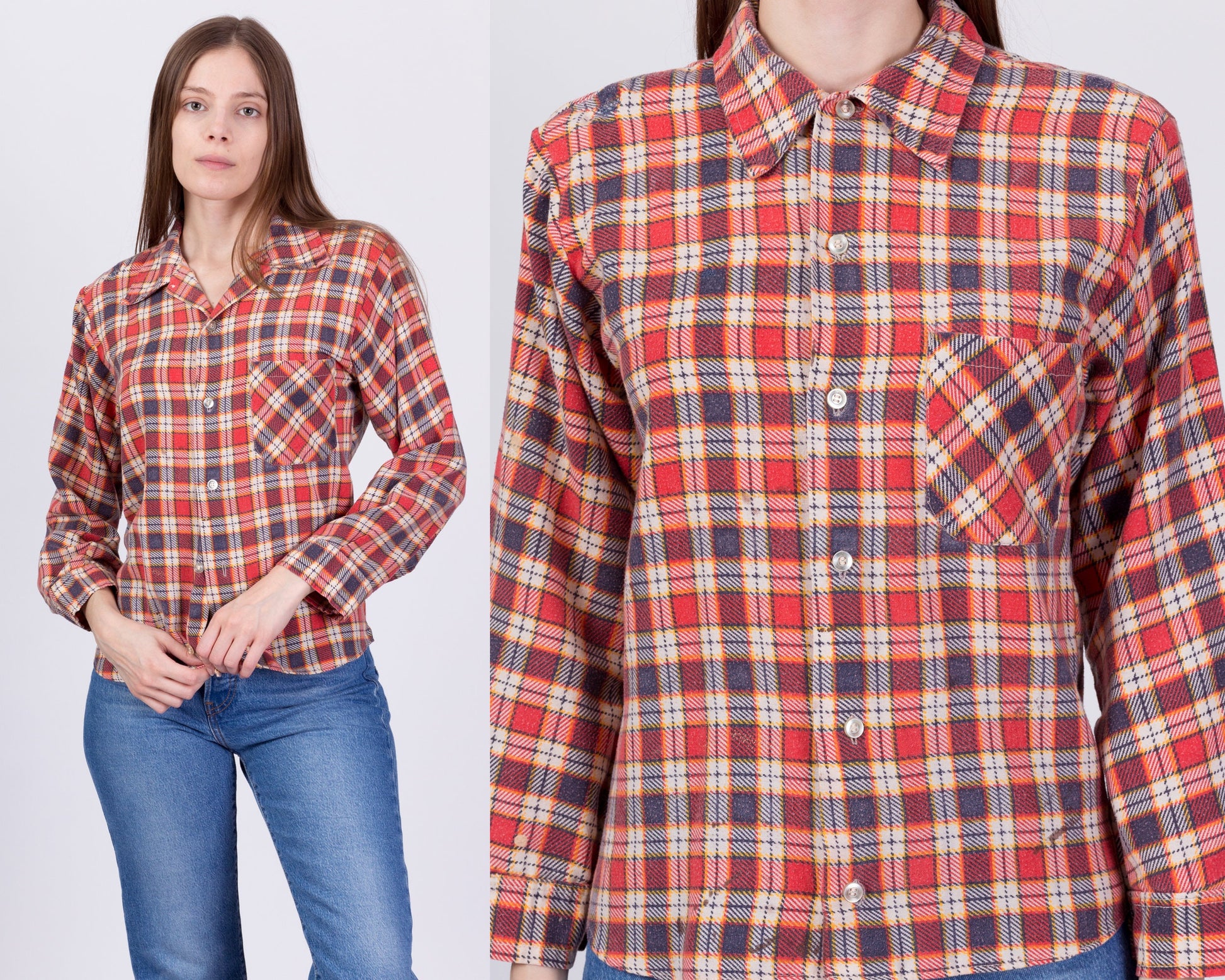 80s Plaid Flannel Button Up Shirt - Small 