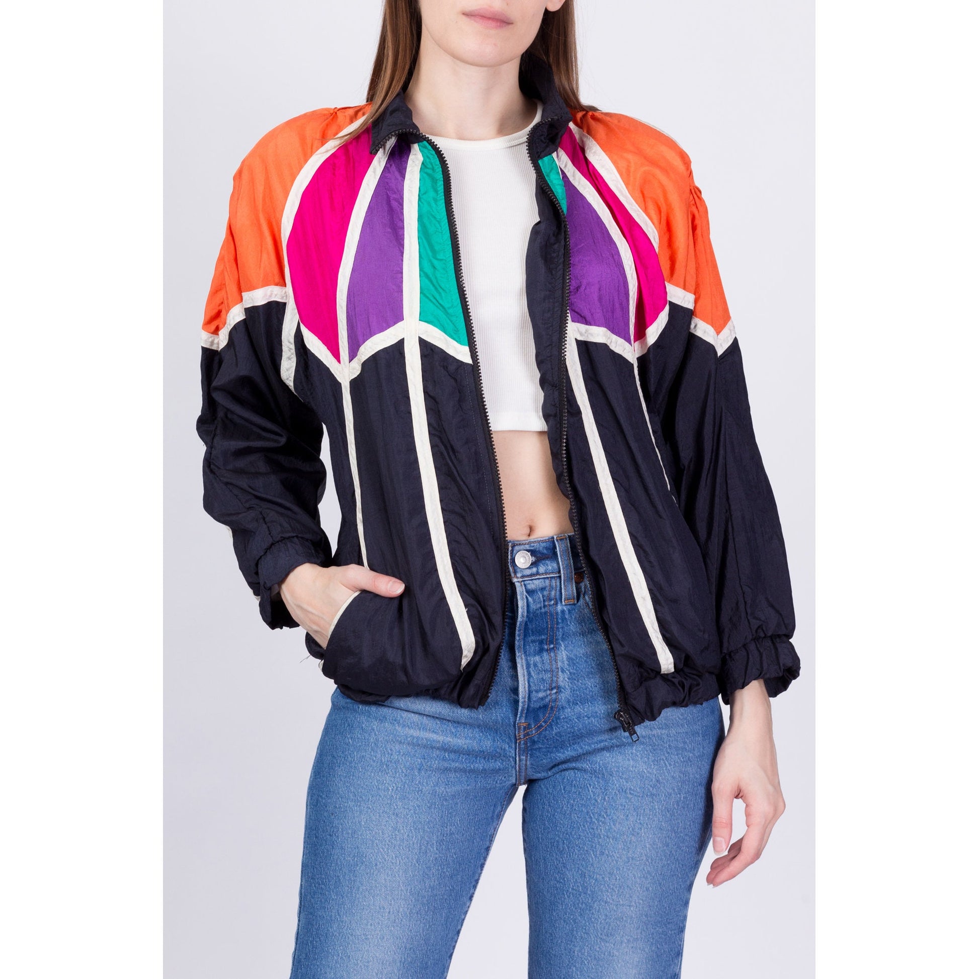 80s Black Colorful Striped Windbreaker - Small – Flying Apple Vintage