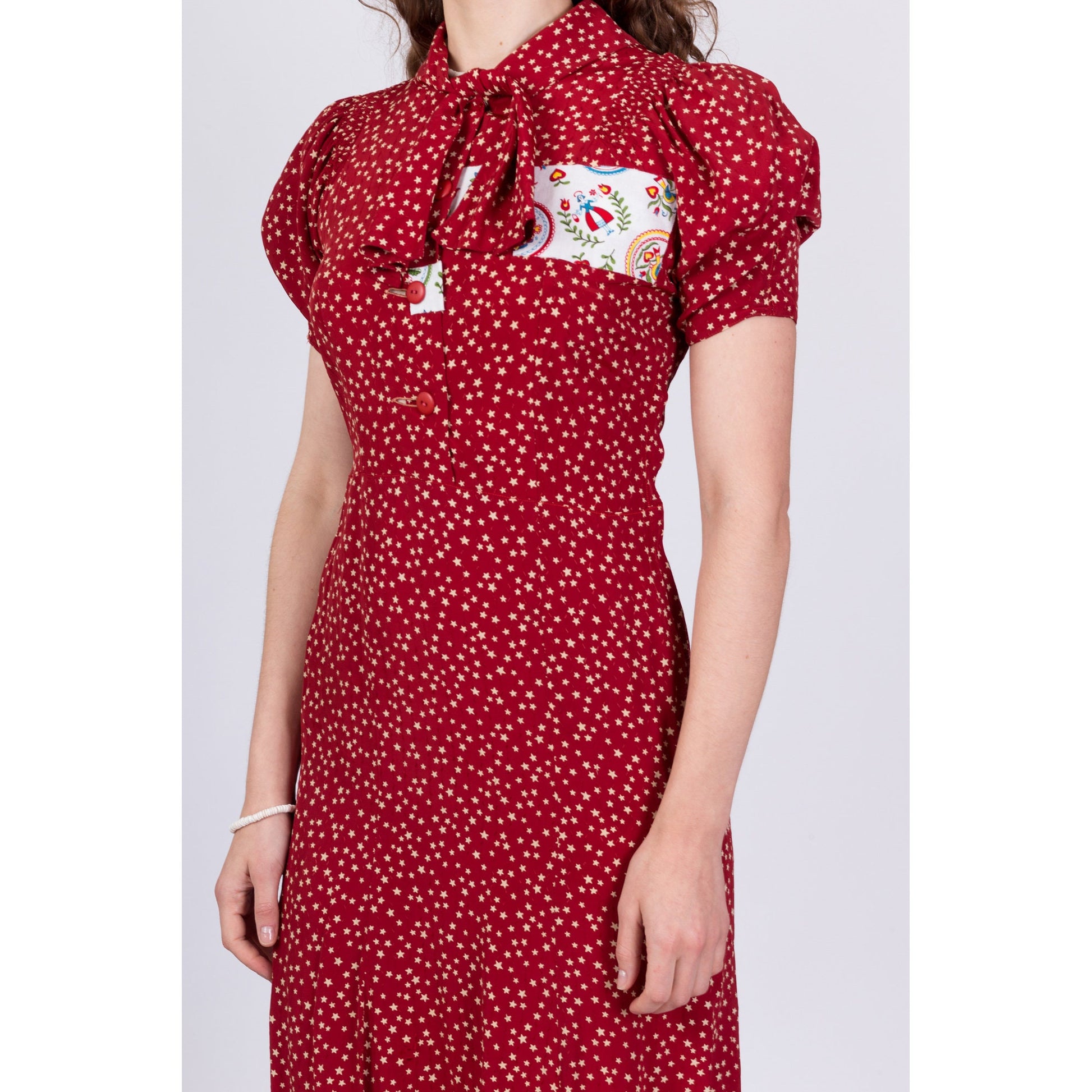 1940s Red Star Print Patched Day Dress, As Is - Small 