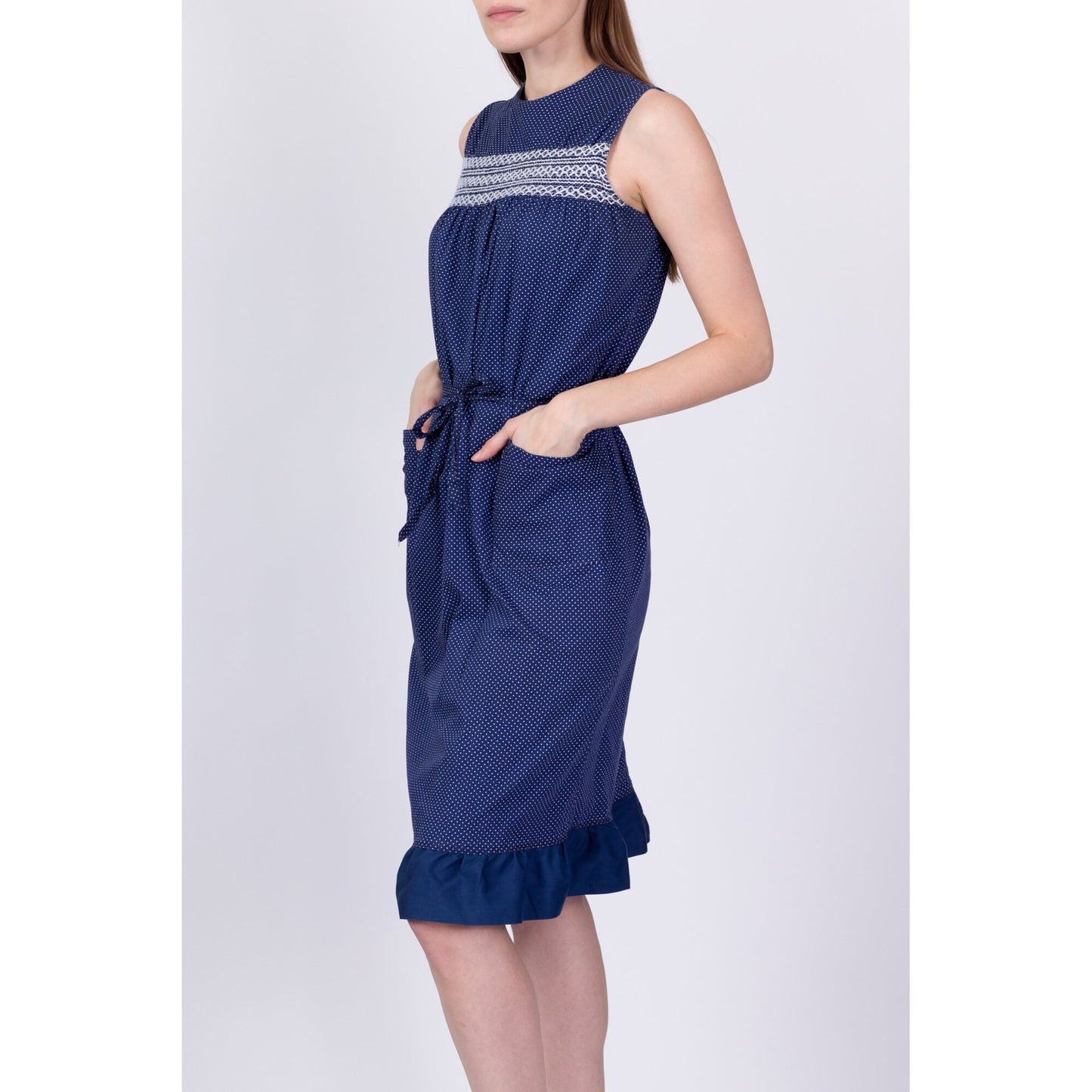 60s Navy Blue Swiss Dot Dress - Medium 