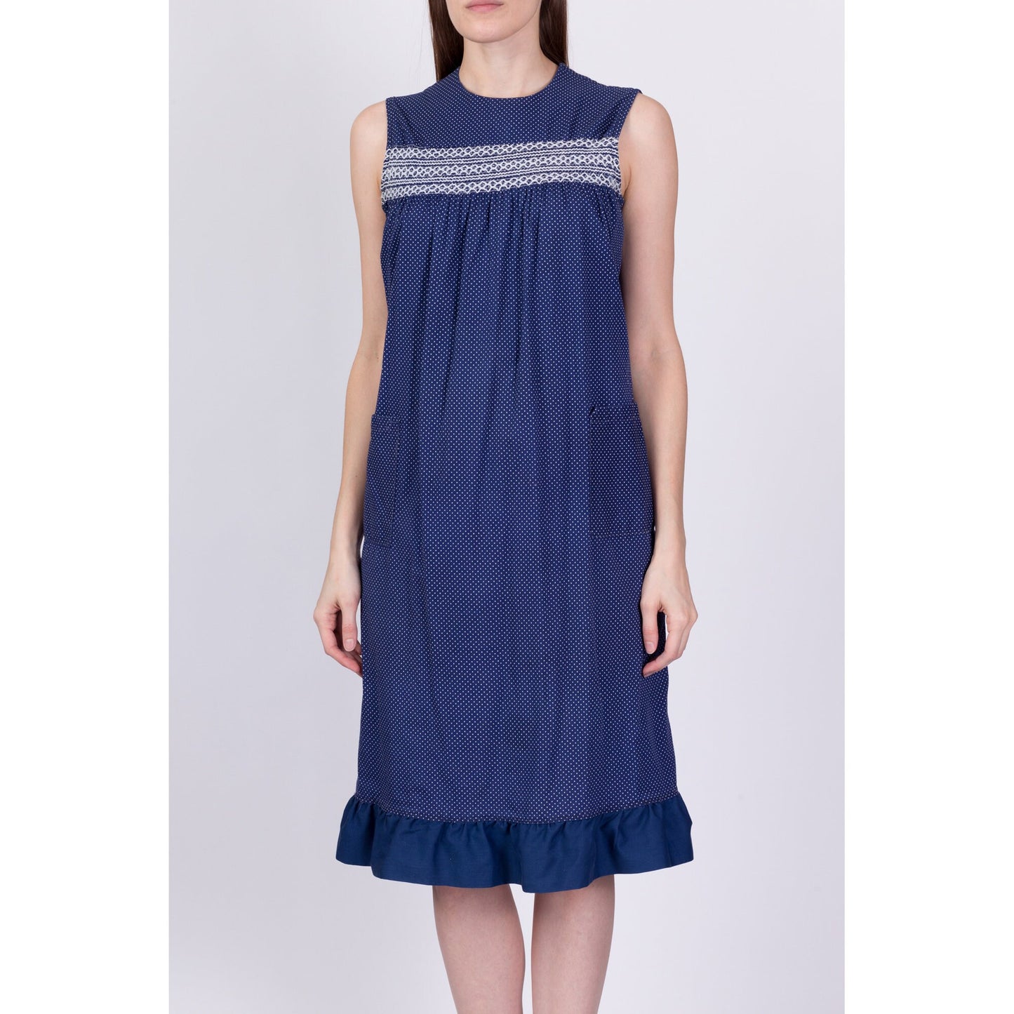 60s Navy Blue Swiss Dot Dress - Medium 