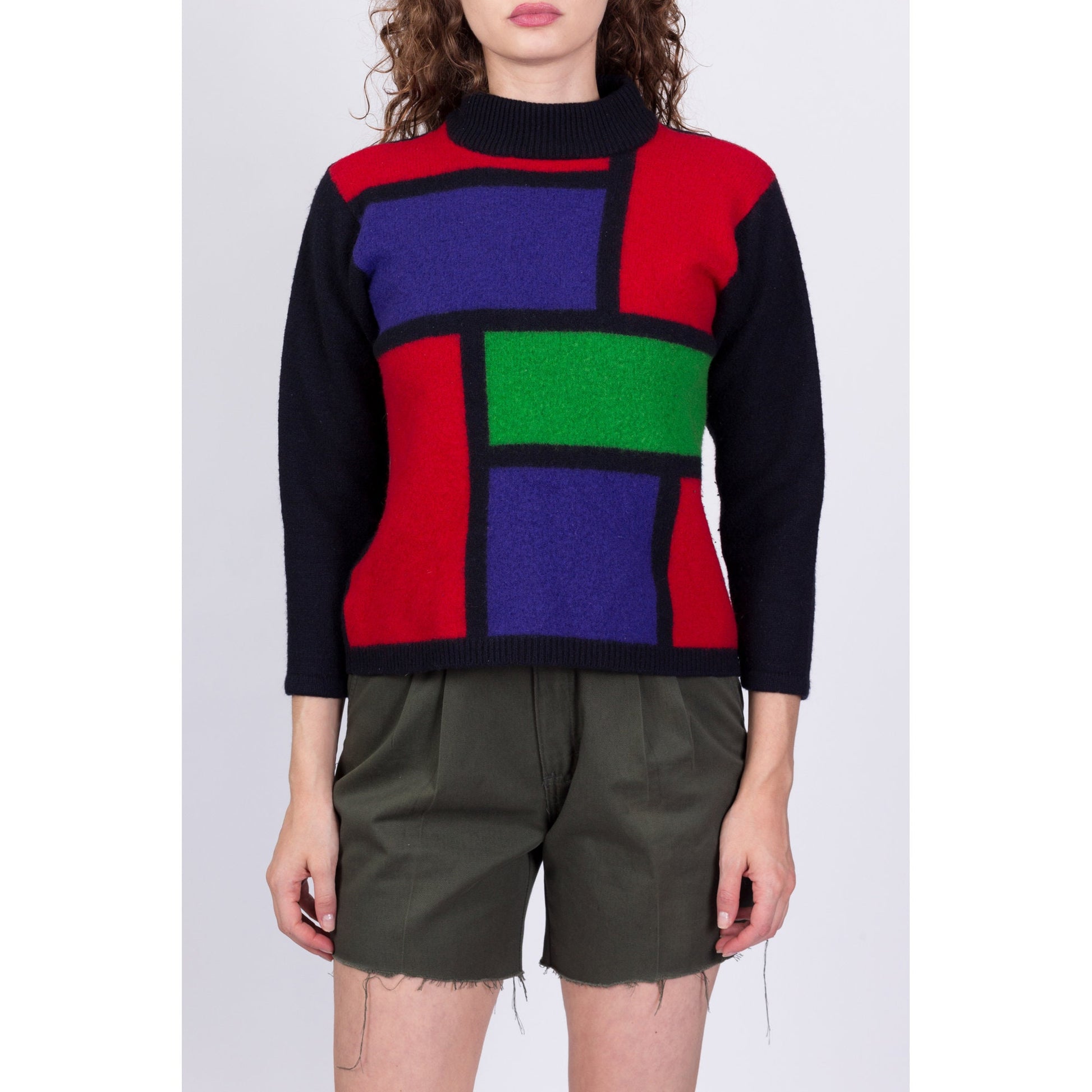 80s Mondrian Lambswool Knit Cropped Sweater - Petite Small 