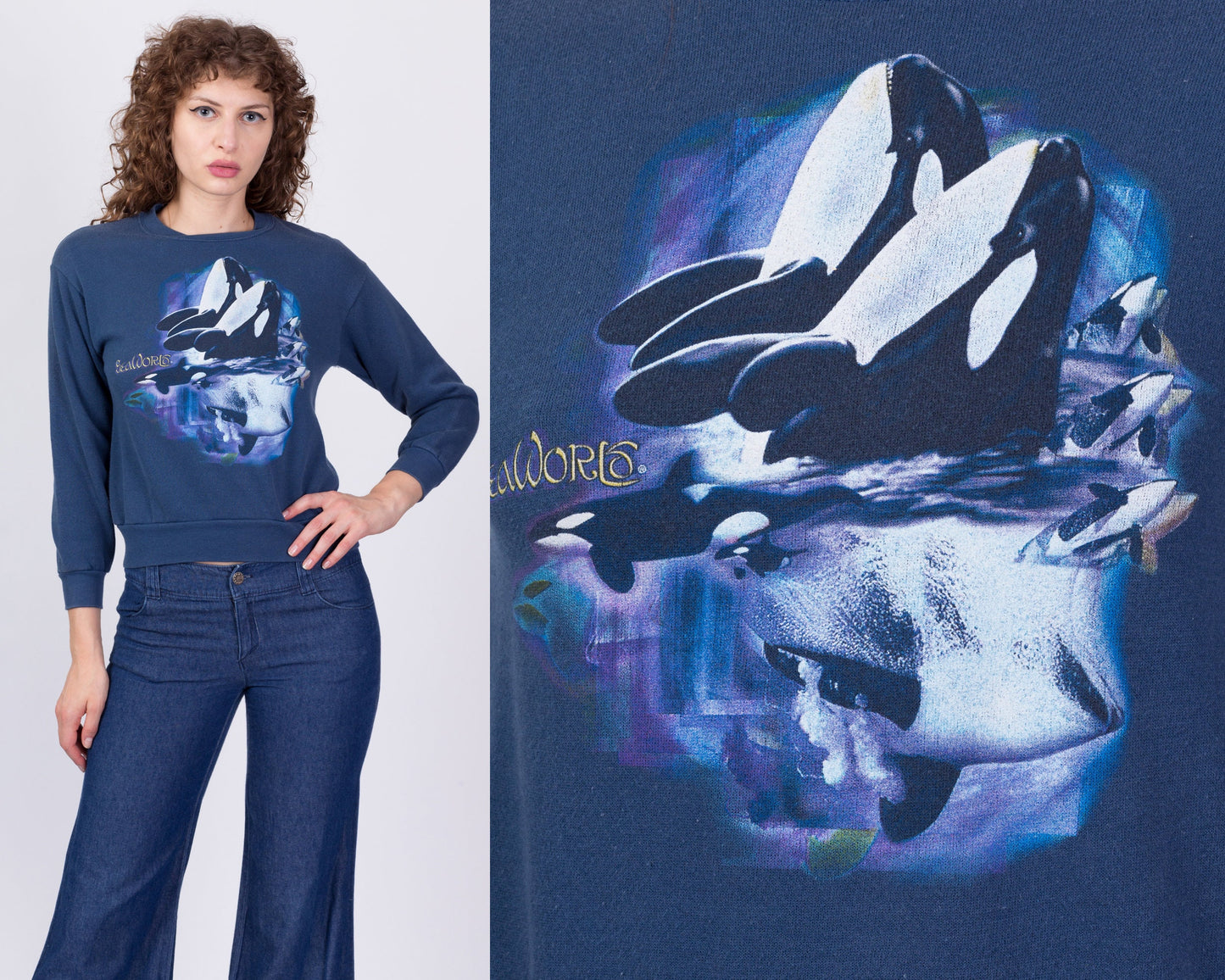Vintage Orca Killer Whale Crop Top Sweatshirt - Petite Small 