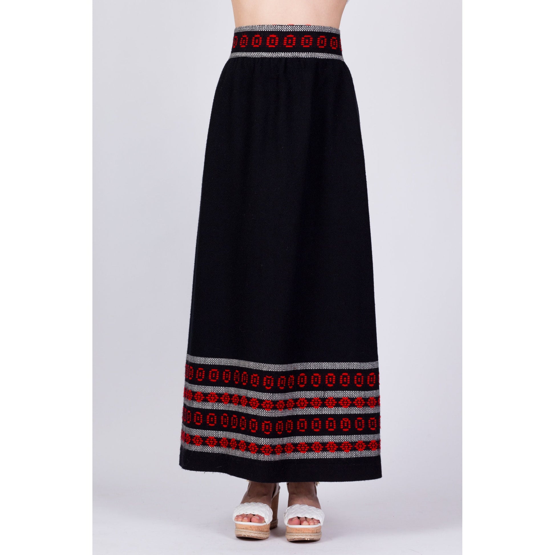 60s 70s Black Striped Folk Maxi Skirt - Small, 27" 