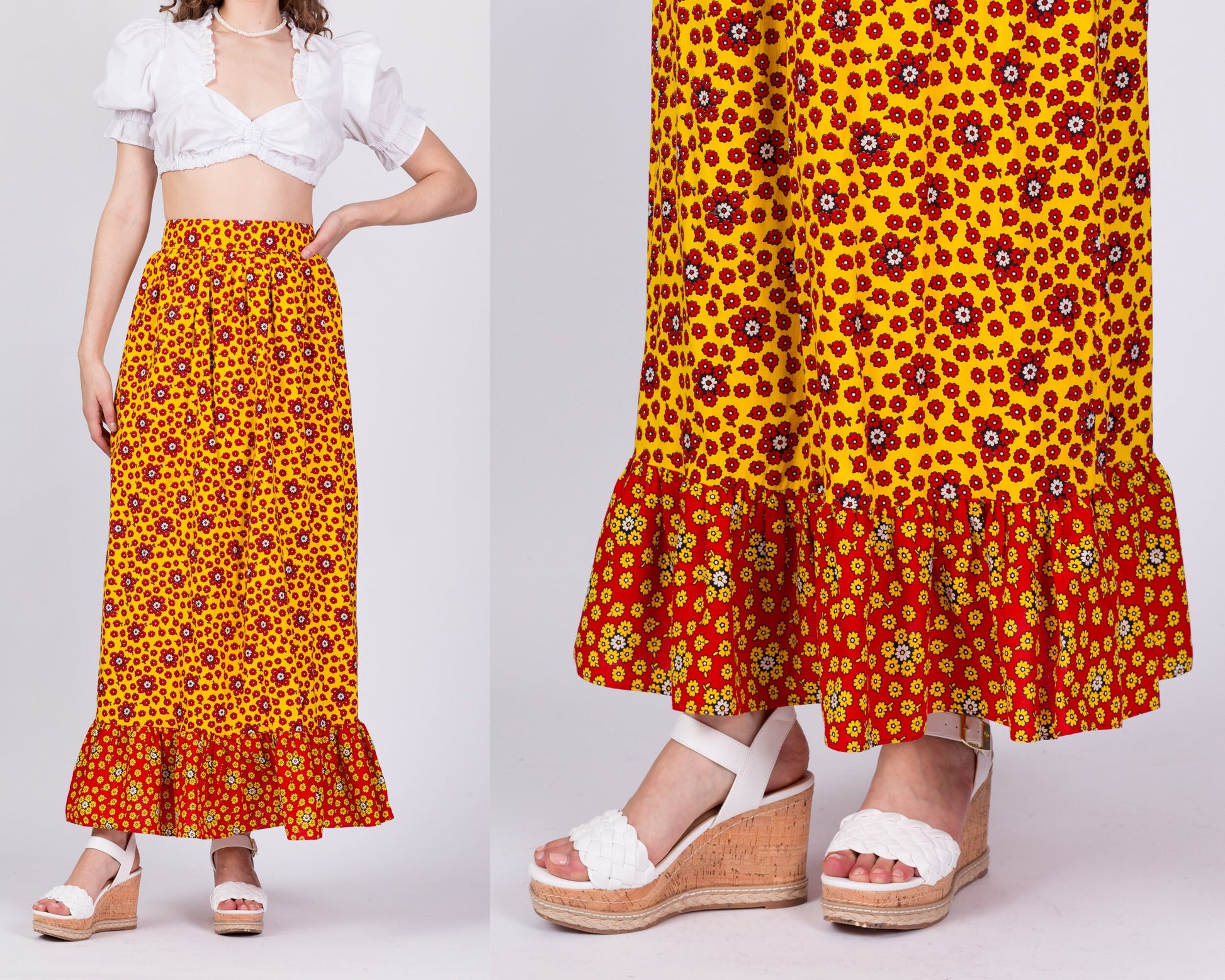 70s Floral Kaleidoscope Print Maxi Skirt - Small, 25.75" 