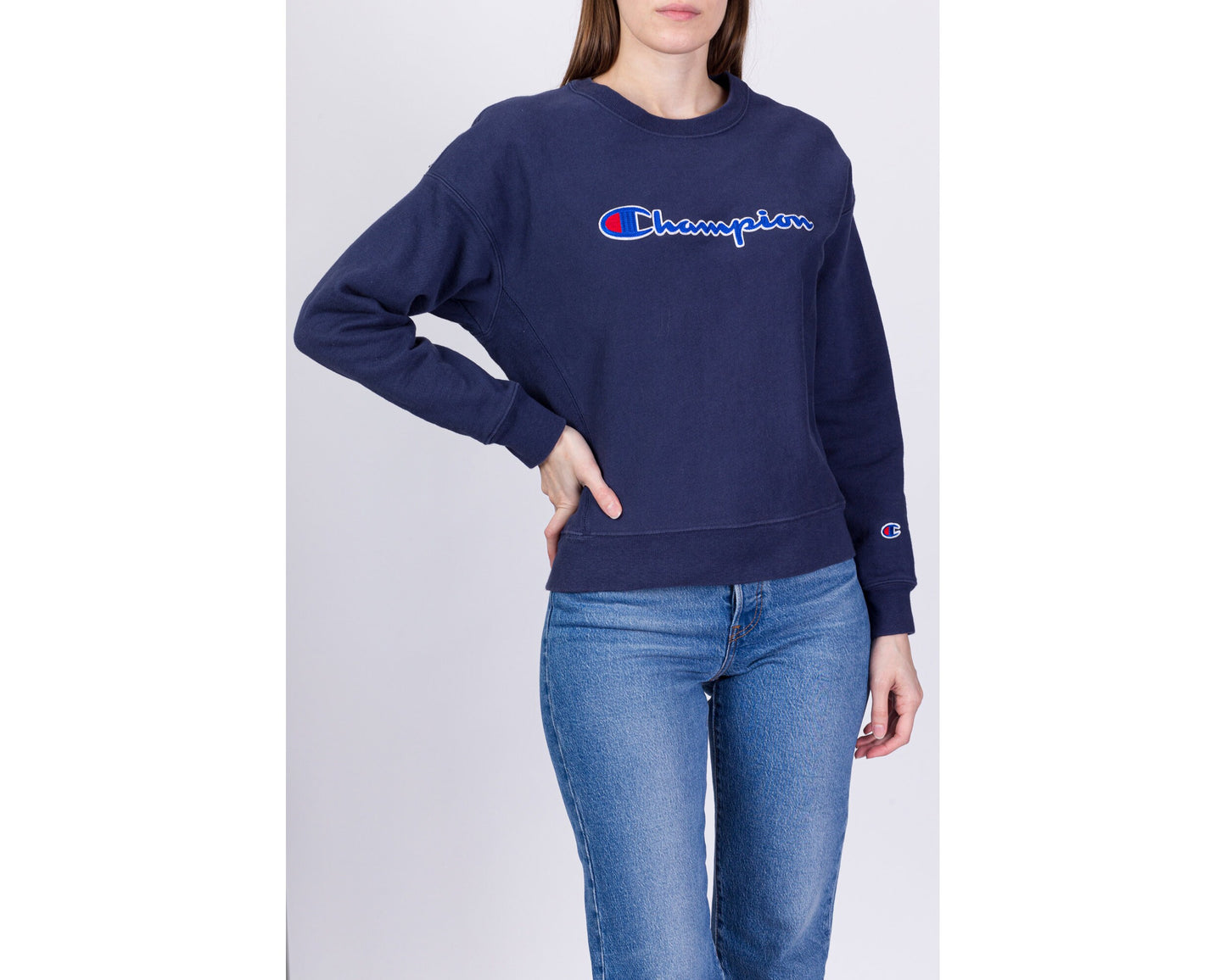 Champion Reverse Weave Navy Blue Cropped Sweatshirt - Large 