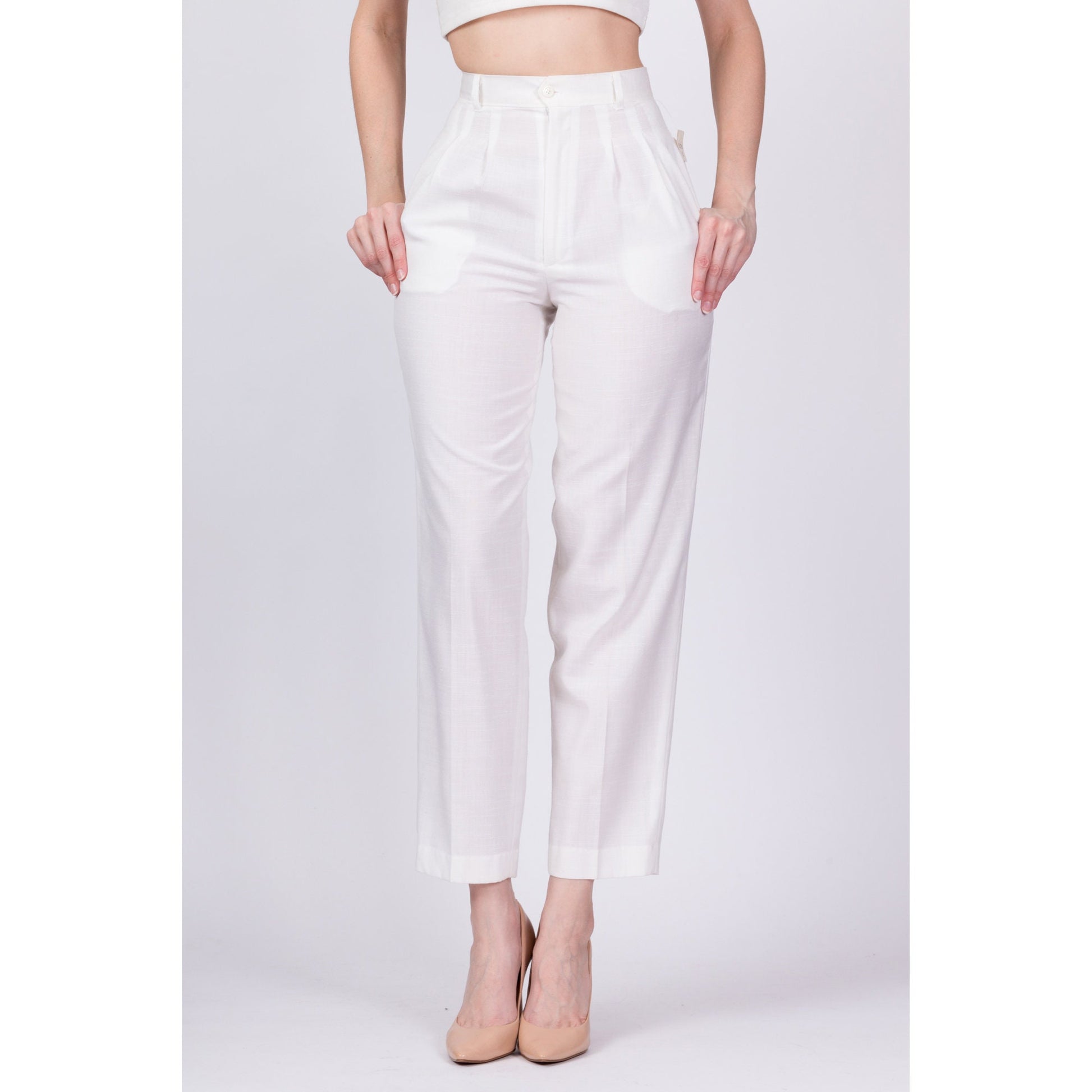 80s White High Waist Trousers - Extra Small, 24" 