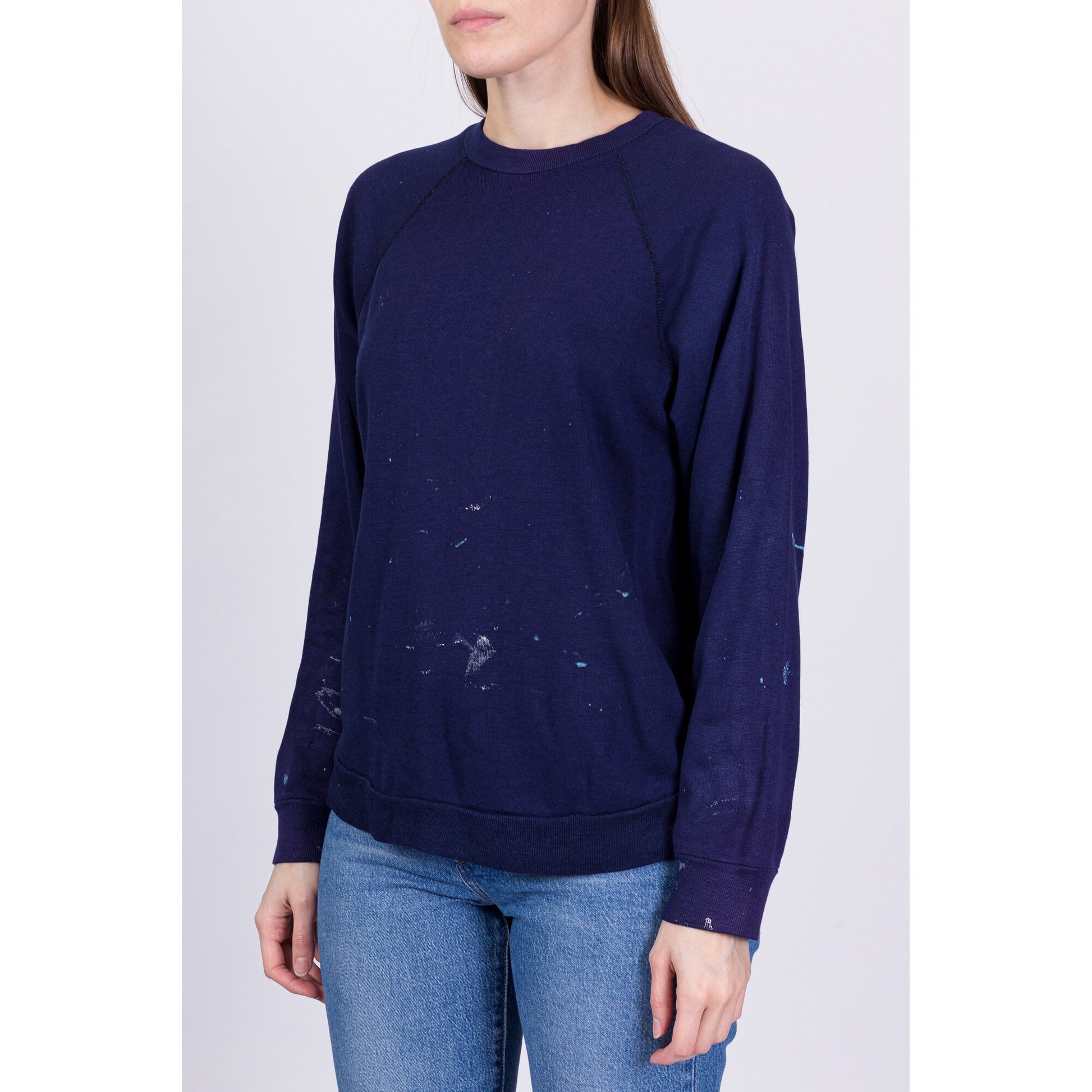 80s Navy Blue Paint Splattered Raglan Sweatshirt - Men's Small, Women's Medium 