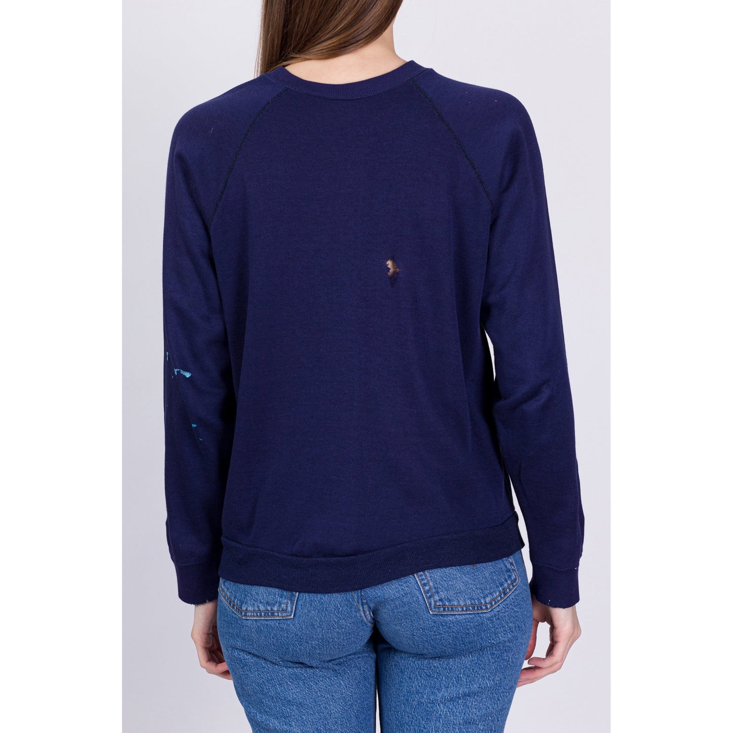 80s Navy Blue Paint Splattered Raglan Sweatshirt - Men's Small, Women's Medium 