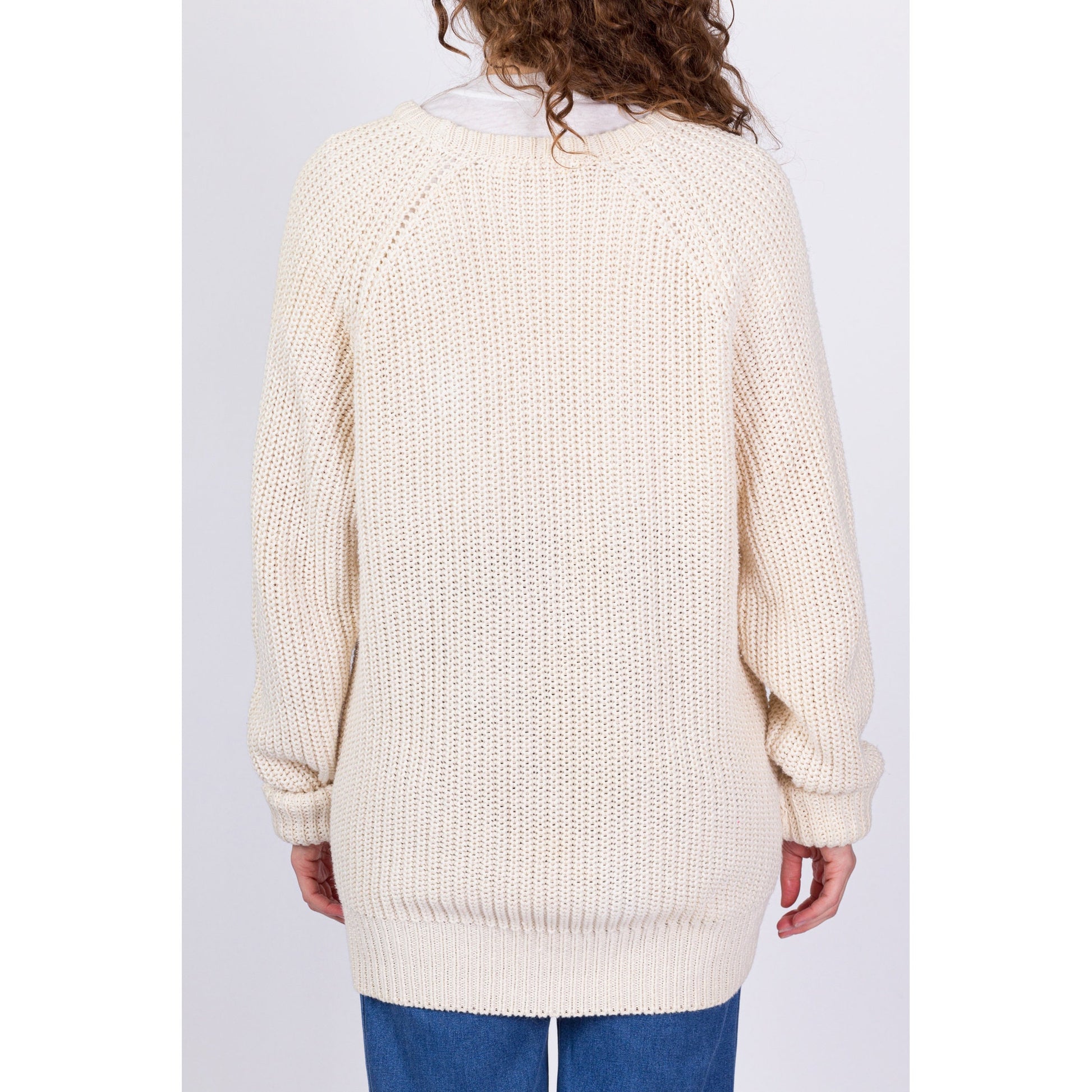 90s Cream Cotton Cable Knit Fisherman Sweater - Men's Large, Women's XL 