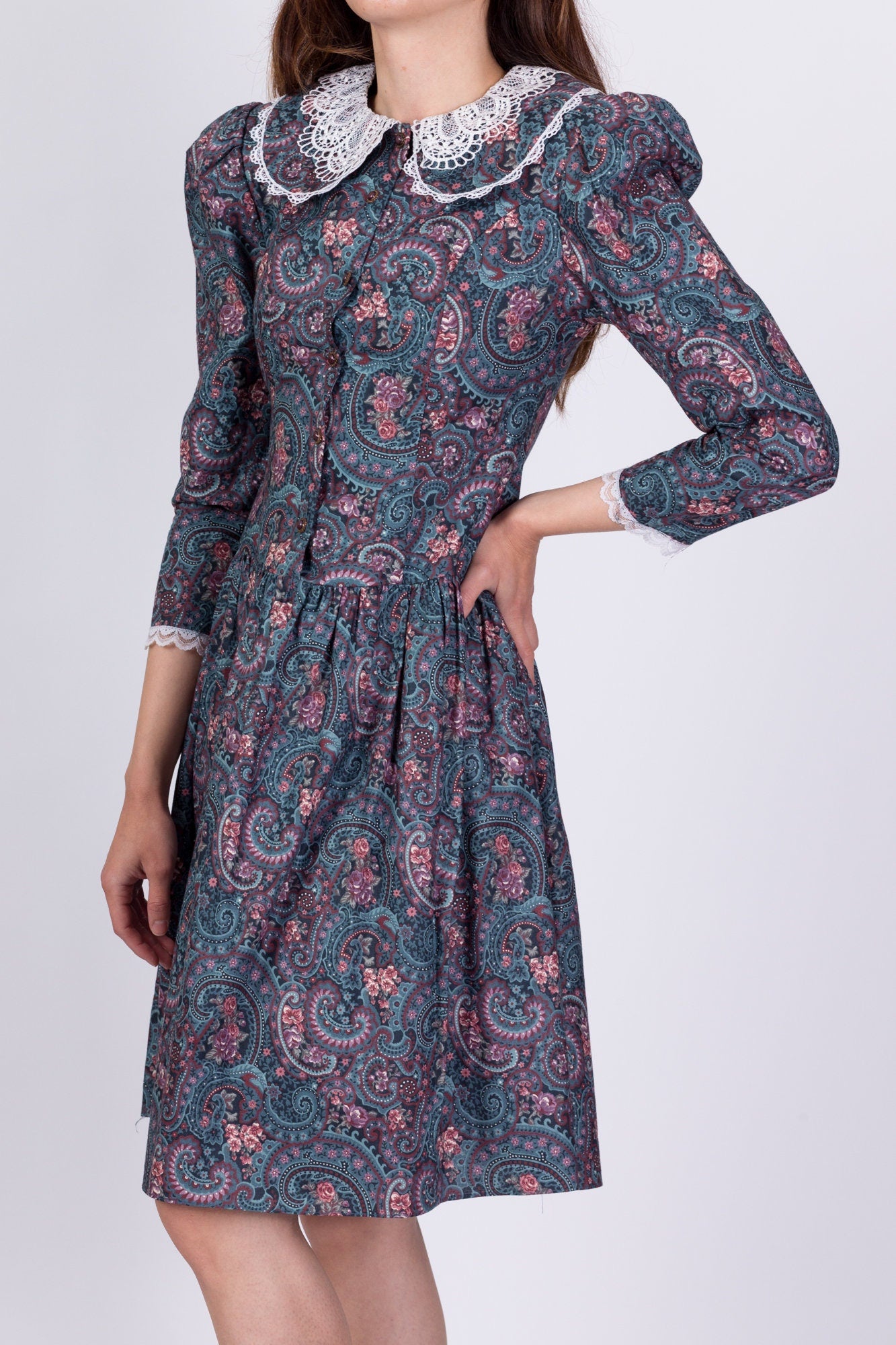 80s Gunne Sax Floral Puff Sleeve Dress - Girl's 14 