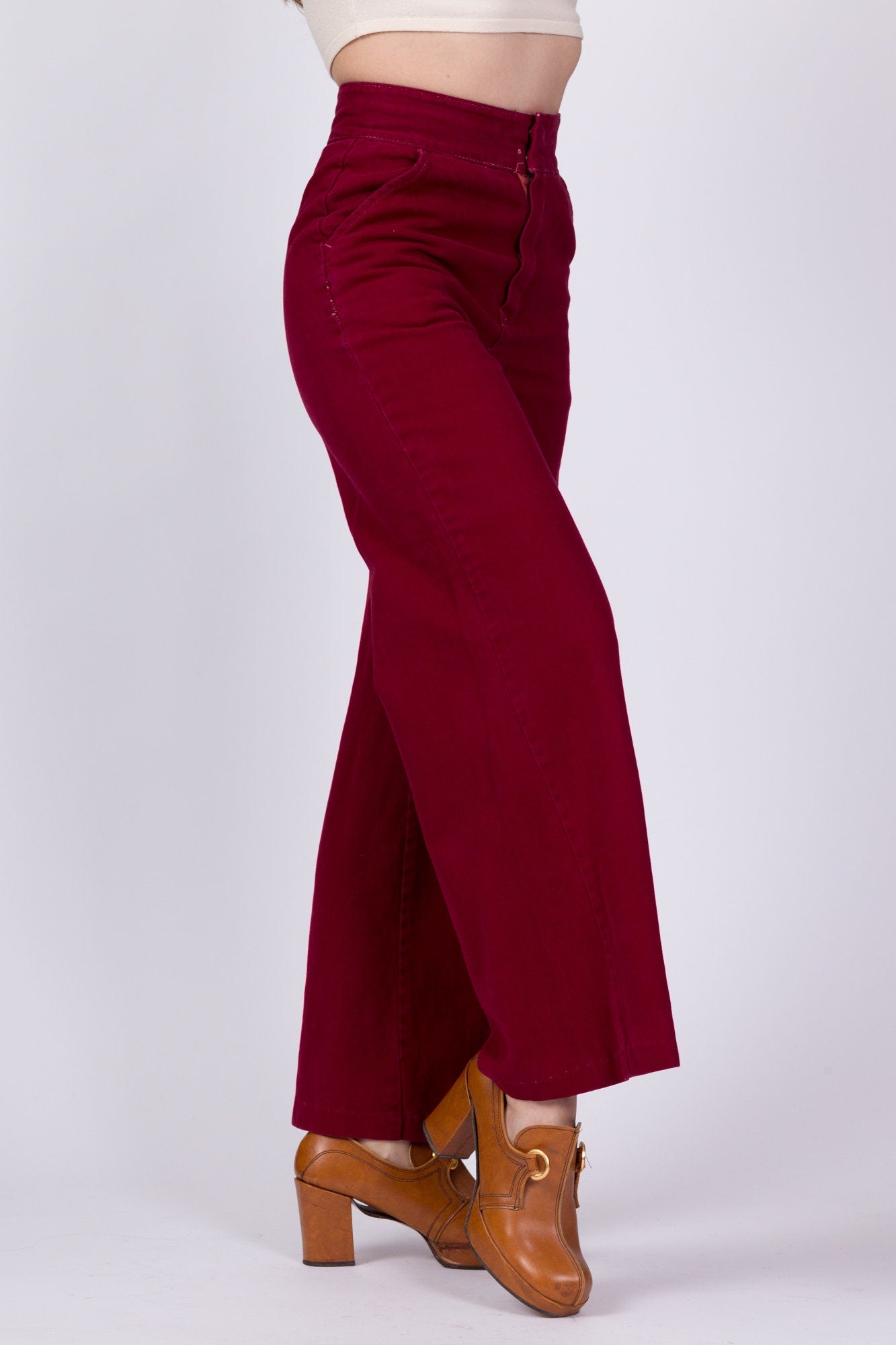 70s Wine Red High Waist Flared Cotton Twill Pants - Extra Small, 23" 
