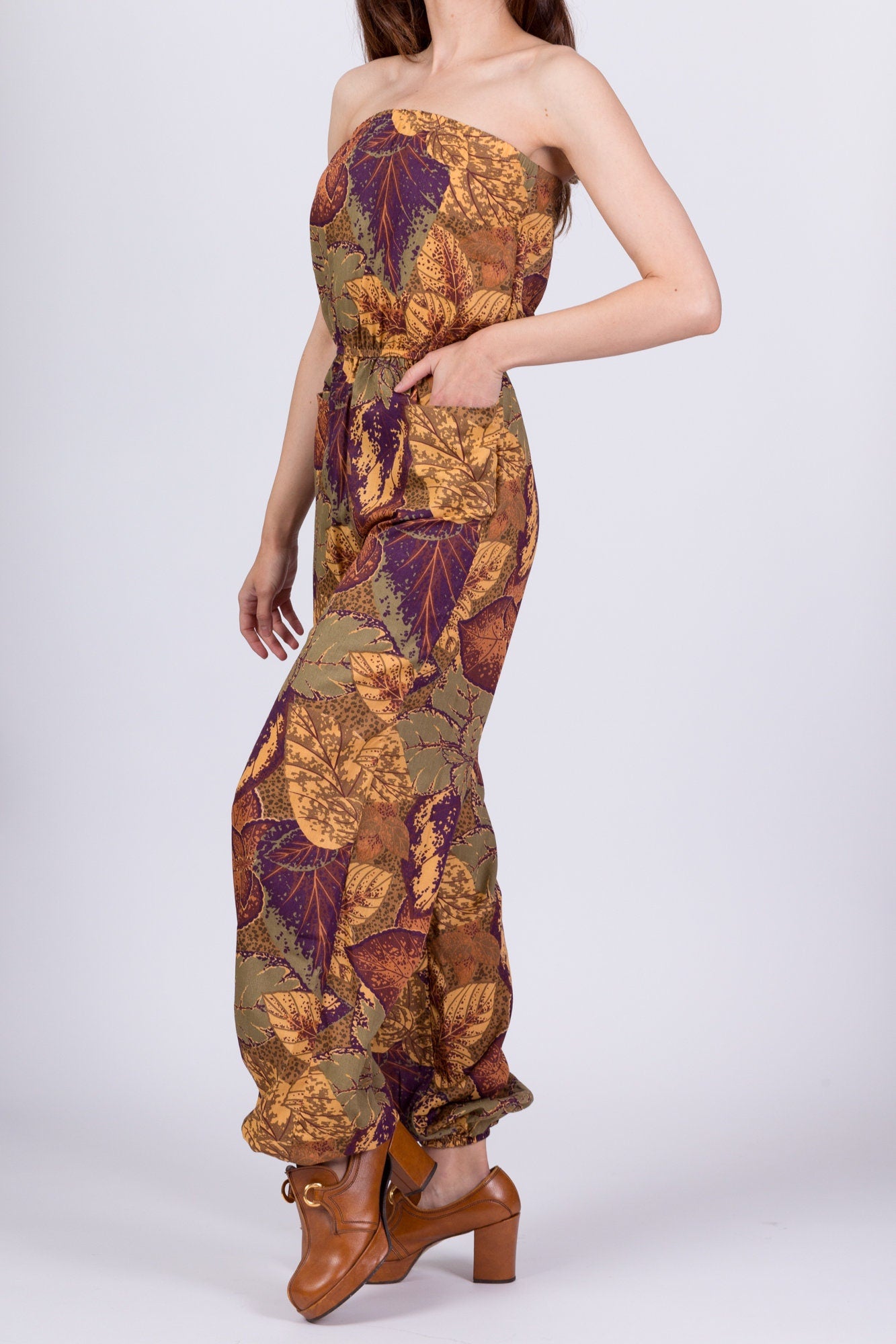 Vintage Boho Autumn Floral Strapless Jumpsuit - Extra Small 