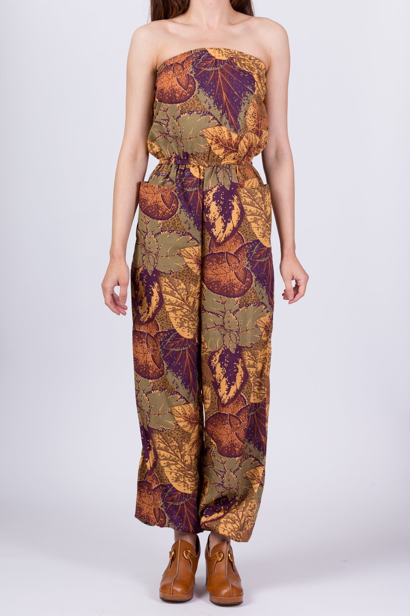 Vintage Boho Autumn Floral Strapless Jumpsuit - Extra Small 
