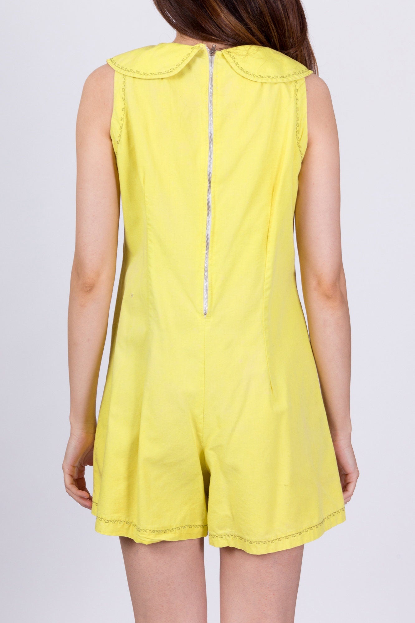 60s Chartreuse Embroidered Bib Collar Romper - Small 